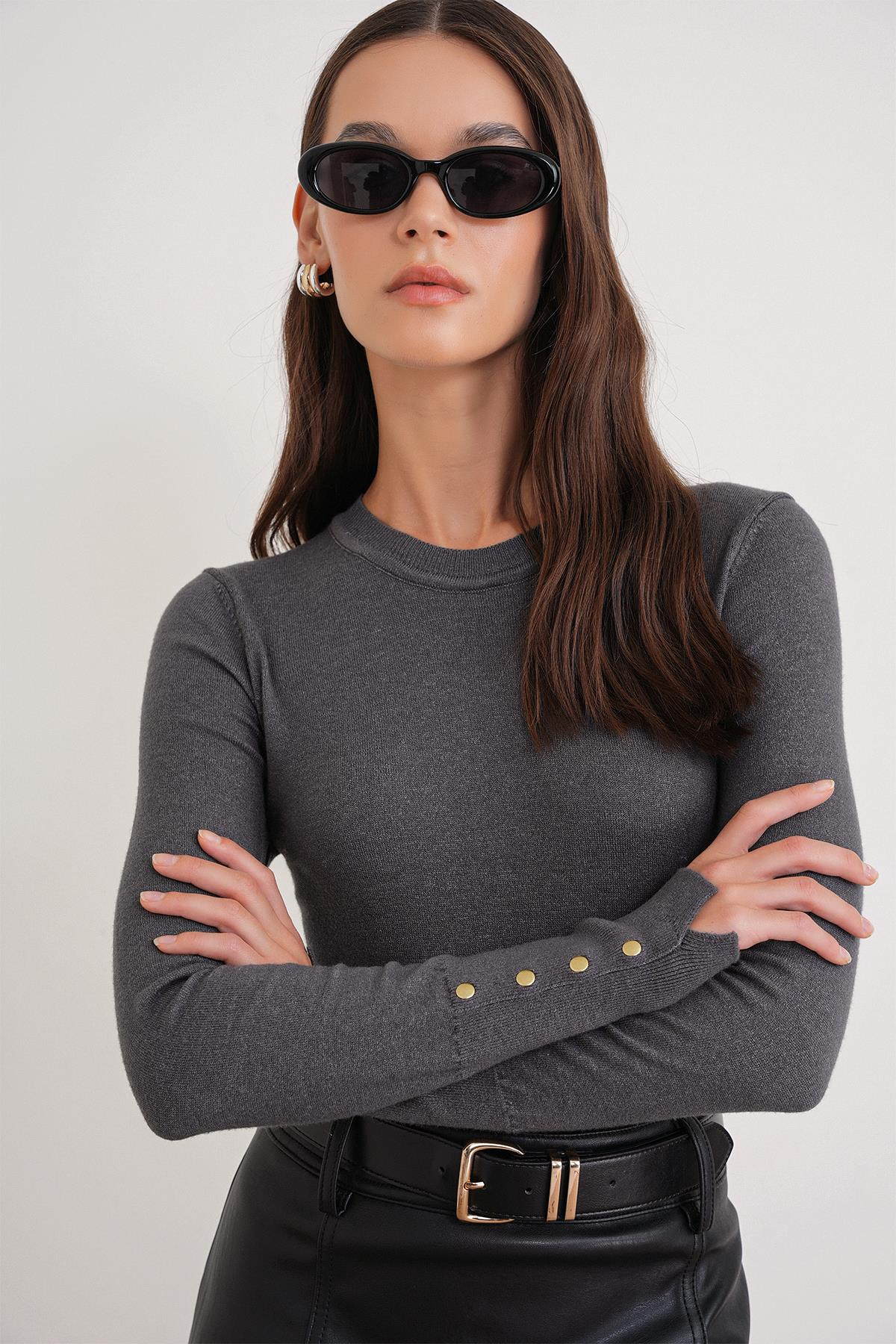 6736 Kadın Bisiklet Yaka Kolu Droplu Triko Kazak Antrasit