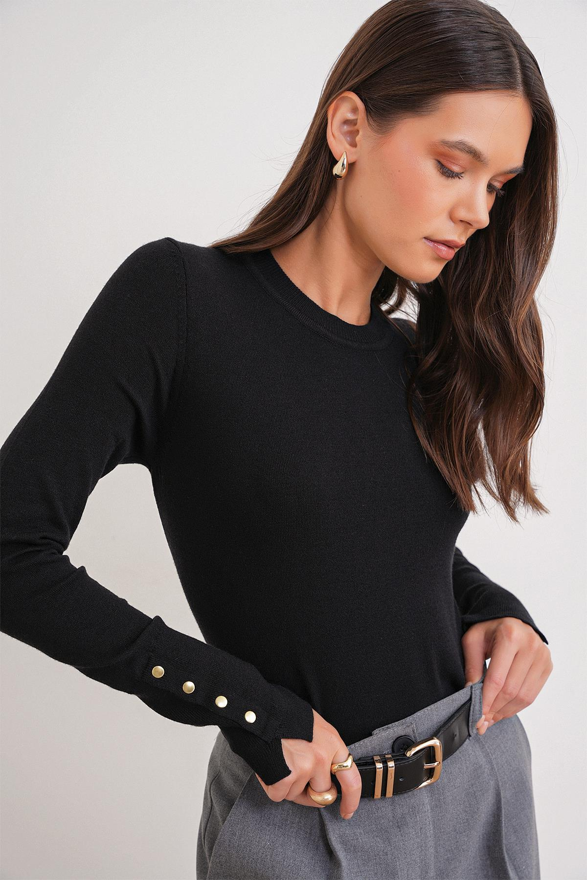 6736 Kadın Bisiklet Yaka Kolu Droplu Triko Kazak Siyah