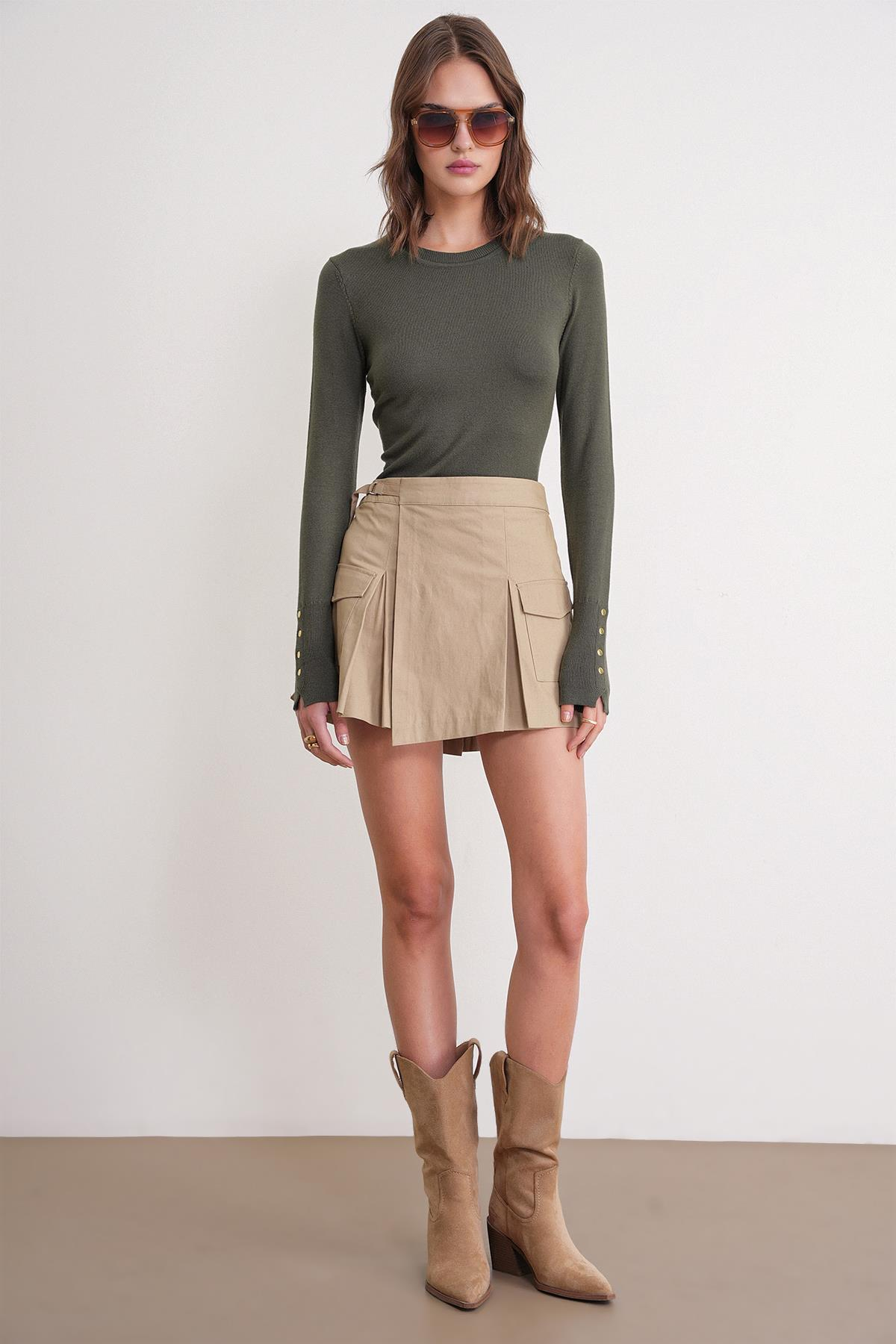 6736 Kadın Bisiklet Yaka Kolu Droplu Triko Kazak Haki