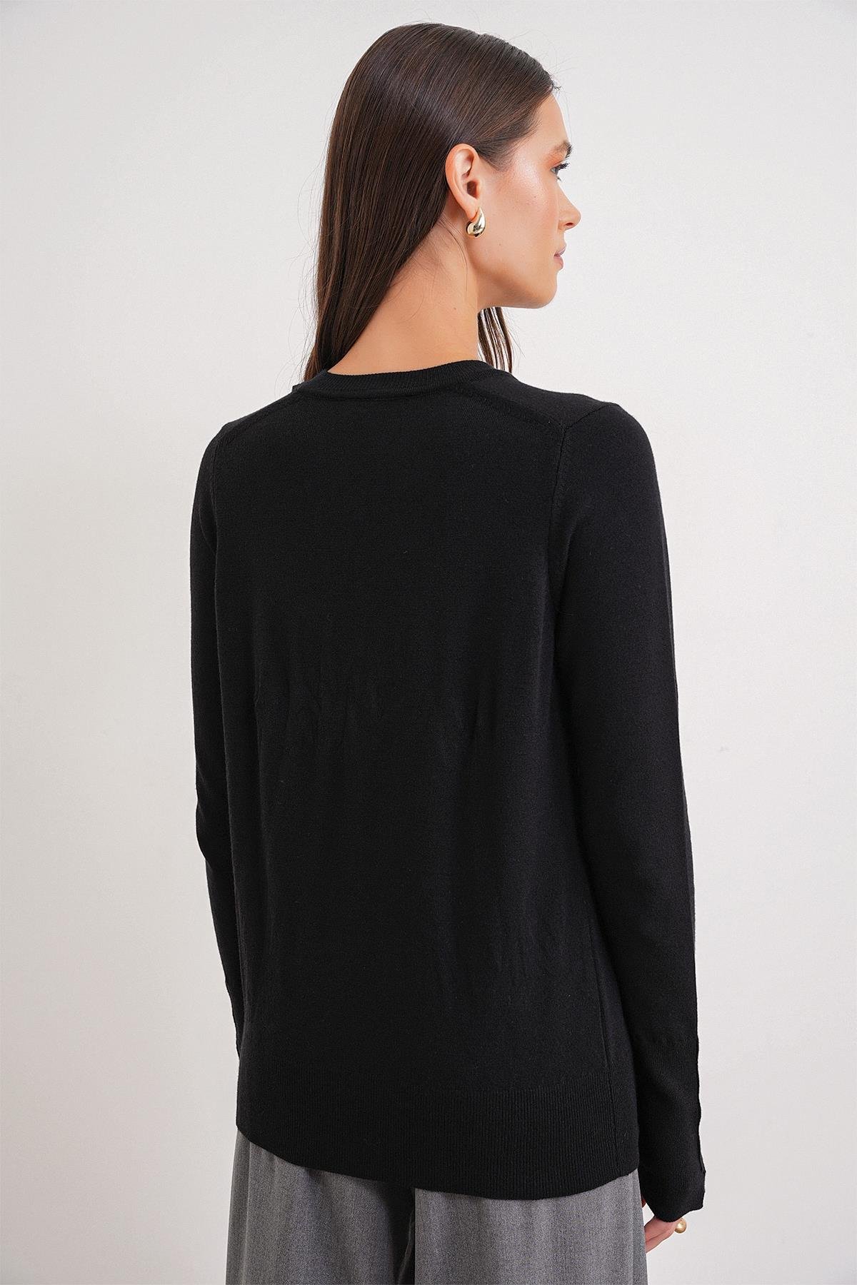 6736 Kadın Bisiklet Yaka Kolu Droplu Triko Kazak Siyah