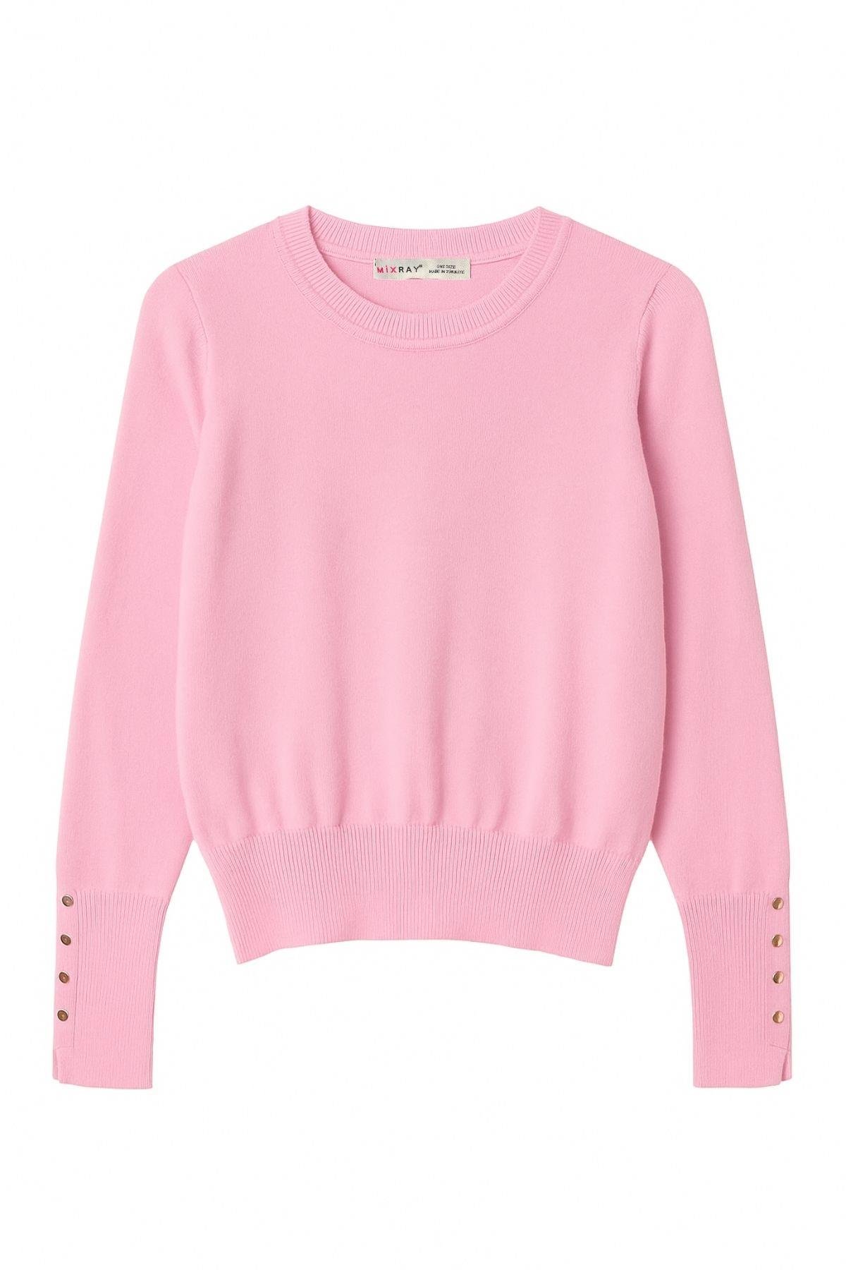 6736 Kadın Bisiklet Yaka Kolu Droplu Triko Kazak Pembe