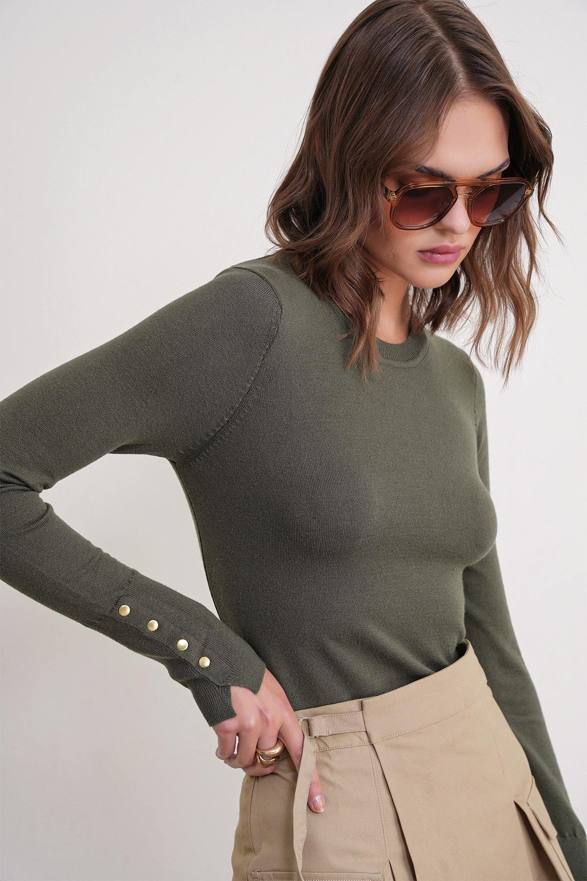 6736 Kadın Bisiklet Yaka Kolu Droplu Triko Kazak Haki