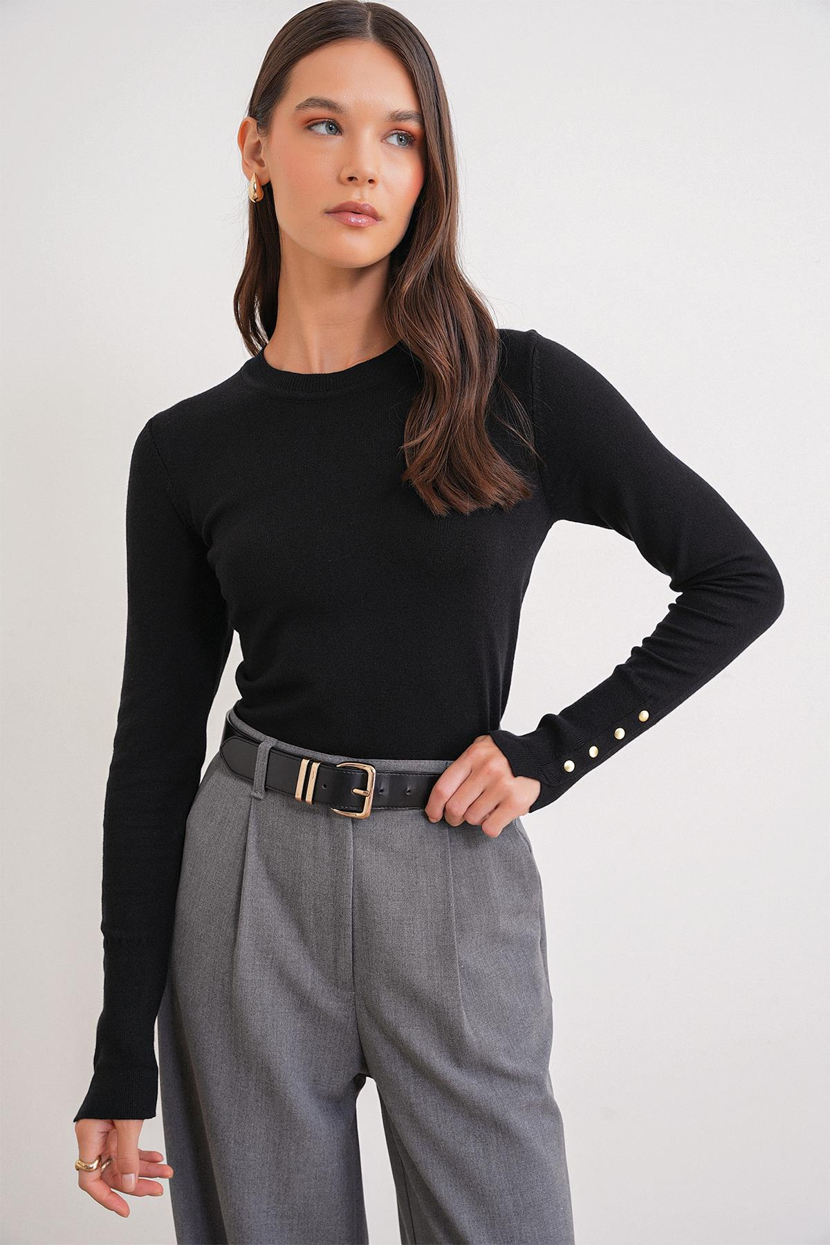 6736 Kadın Bisiklet Yaka Kolu Droplu Triko Kazak Siyah