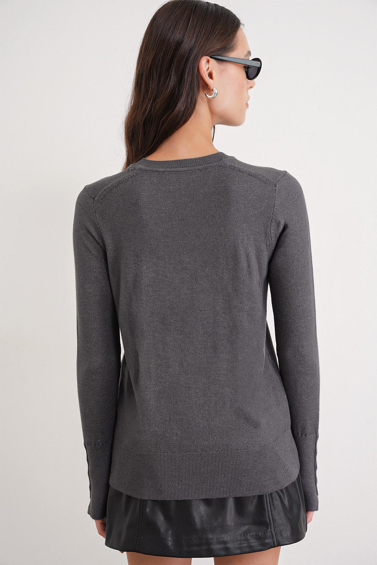 6736 Kadın Bisiklet Yaka Kolu Droplu Triko Kazak Antrasit