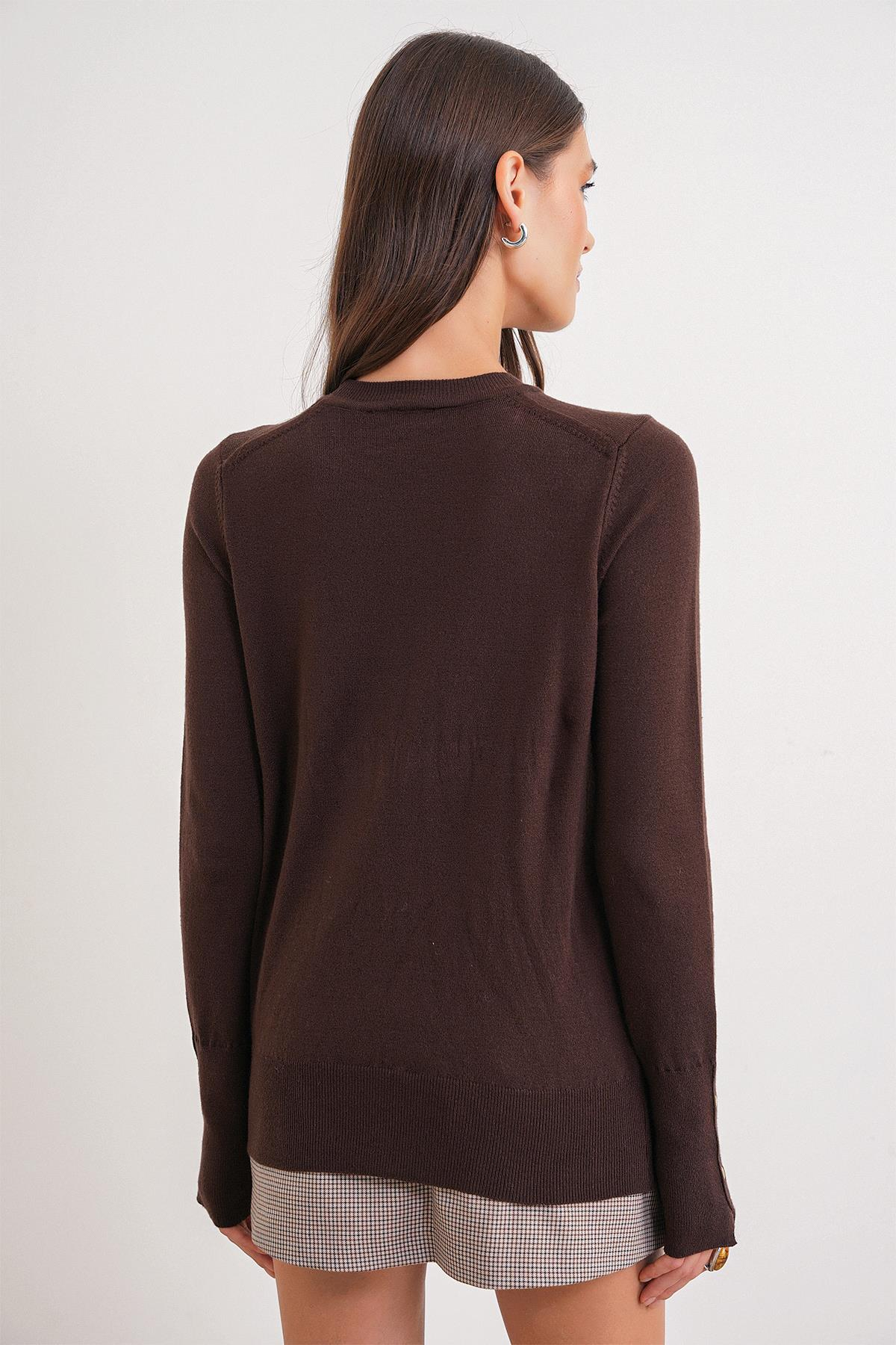 6736 Kadın Bisiklet Yaka Kolu Droplu Triko Kazak Kahve