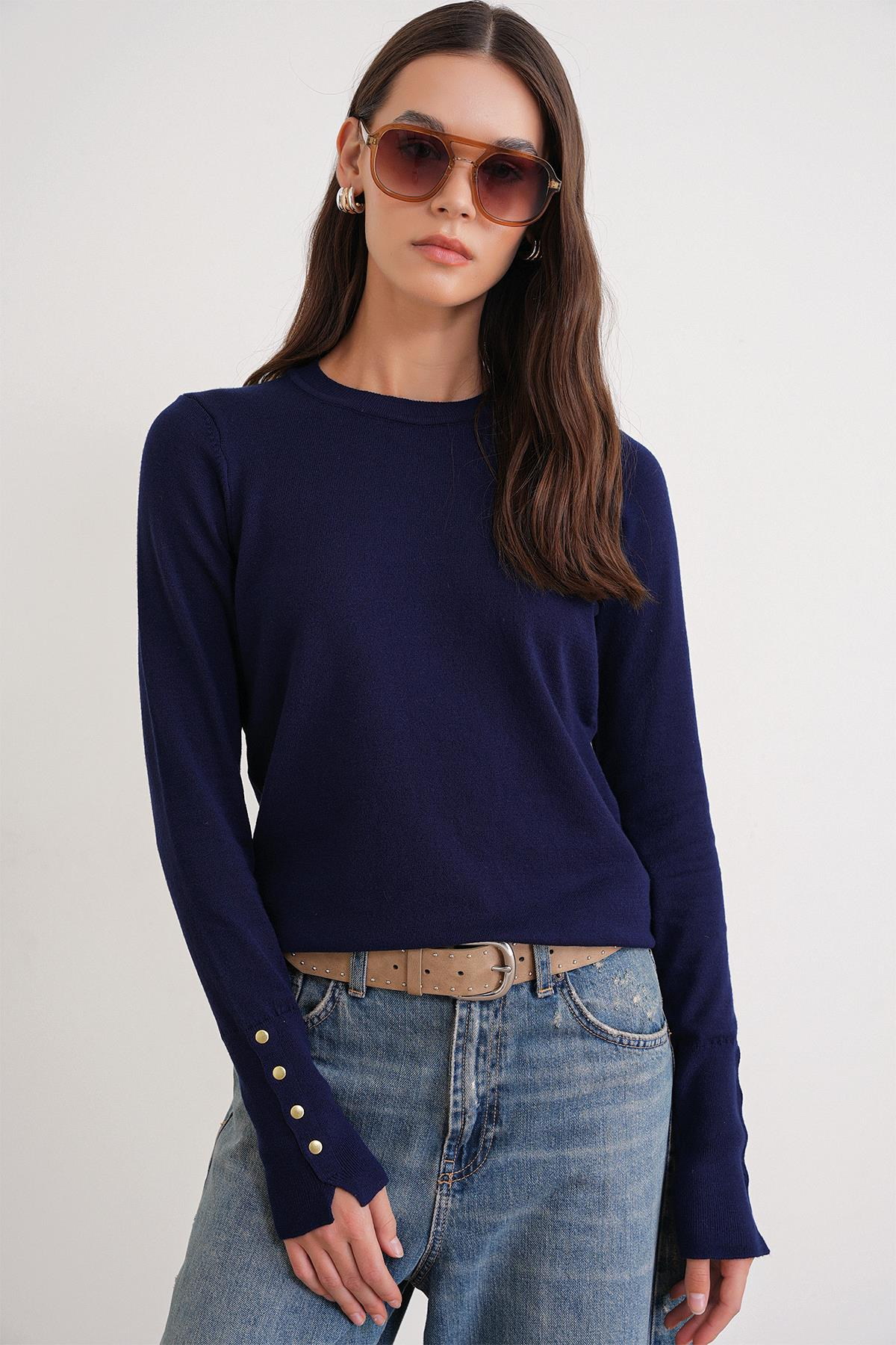 6736 Kadın Bisiklet Yaka Kolu Droplu Triko Kazak Lacivert