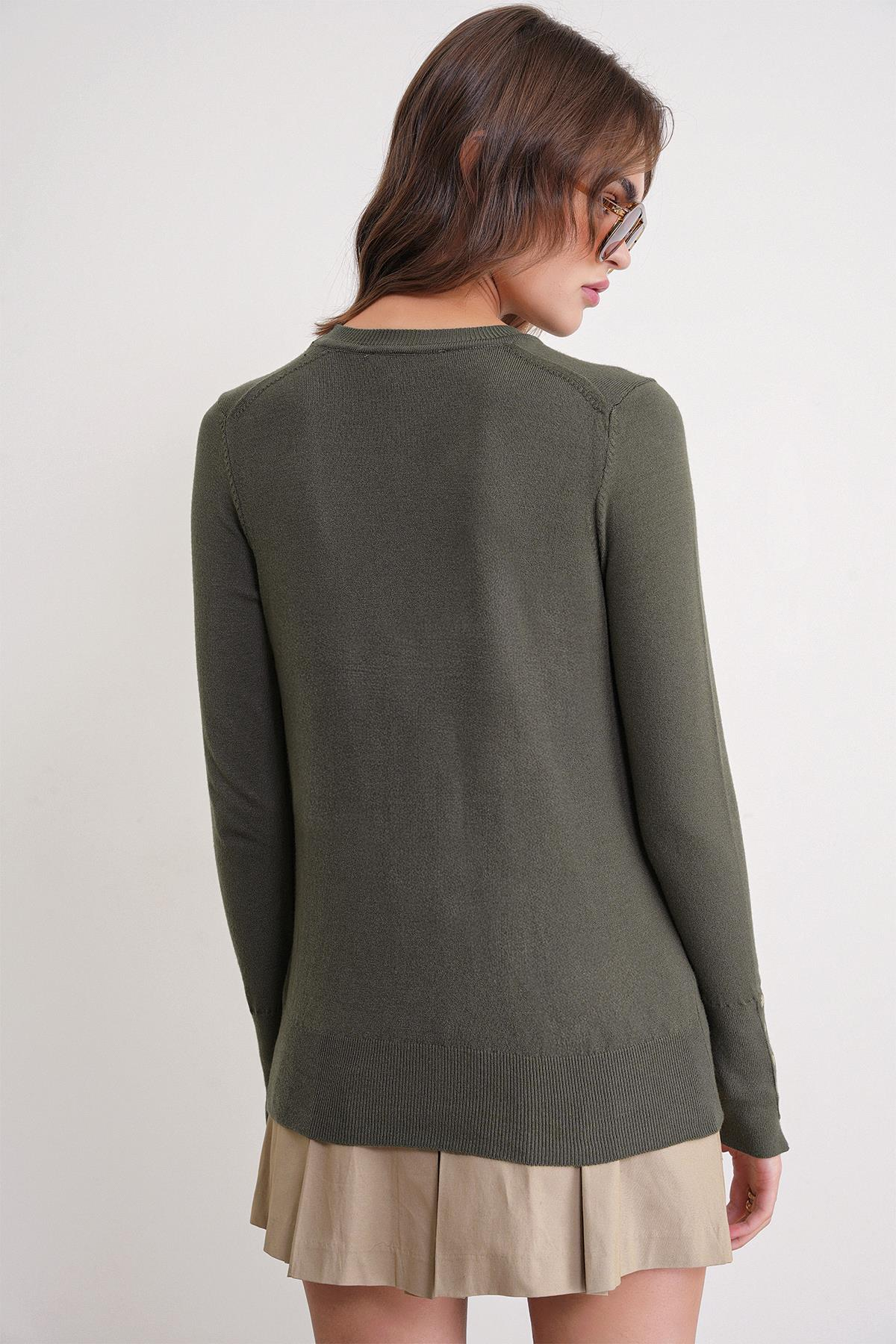 6736 Kadın Bisiklet Yaka Kolu Droplu Triko Kazak Haki