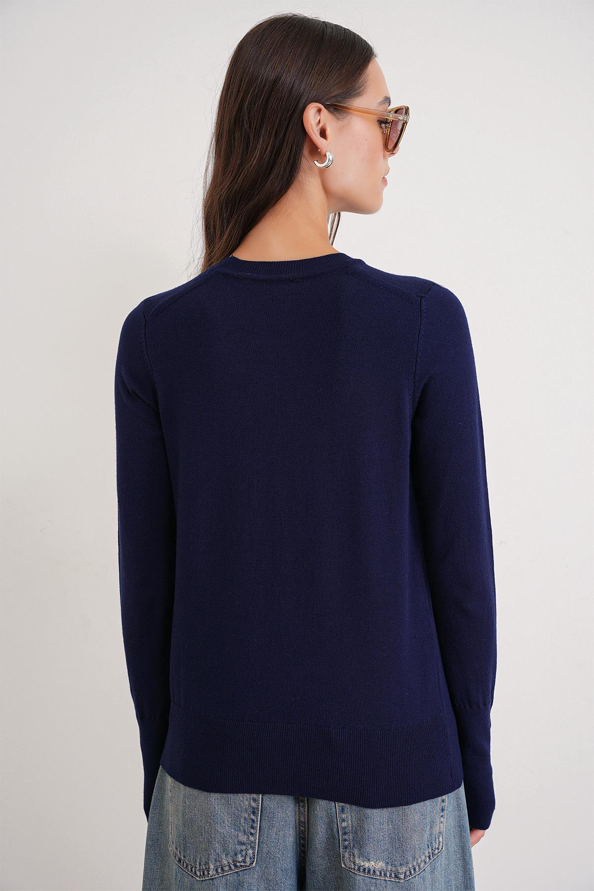 6736 Kadın Bisiklet Yaka Kolu Droplu Triko Kazak Lacivert