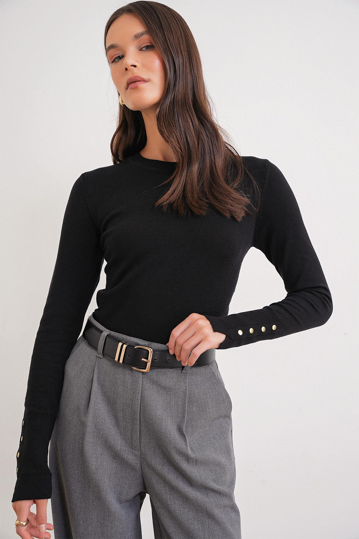 6736 Kadın Bisiklet Yaka Kolu Droplu Triko Kazak Siyah