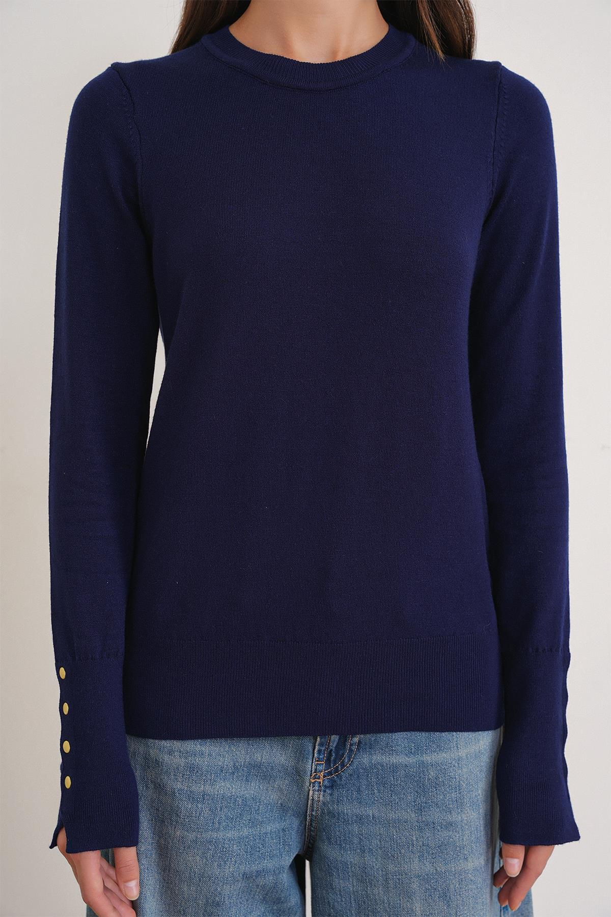 6736 Kadın Bisiklet Yaka Kolu Droplu Triko Kazak Lacivert