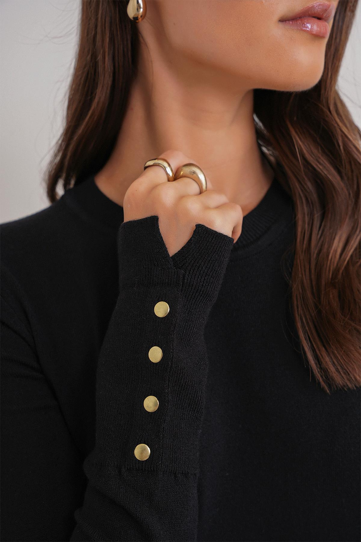 6736 Kadın Bisiklet Yaka Kolu Droplu Triko Kazak Siyah