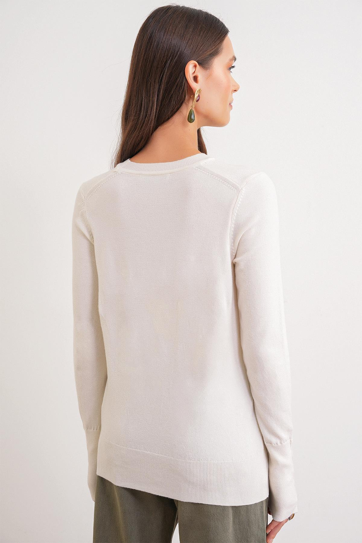 6736 Kadın Bisiklet Yaka Kolu Droplu Triko Kazak Naturel