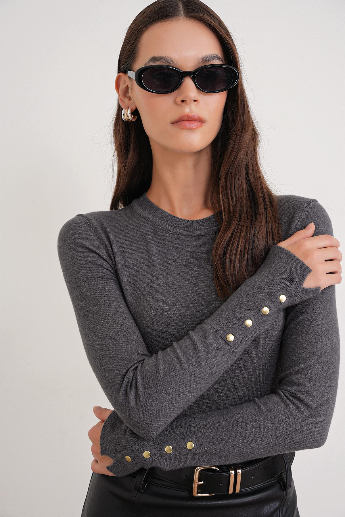 6736 Kadın Bisiklet Yaka Kolu Droplu Triko Kazak Antrasit