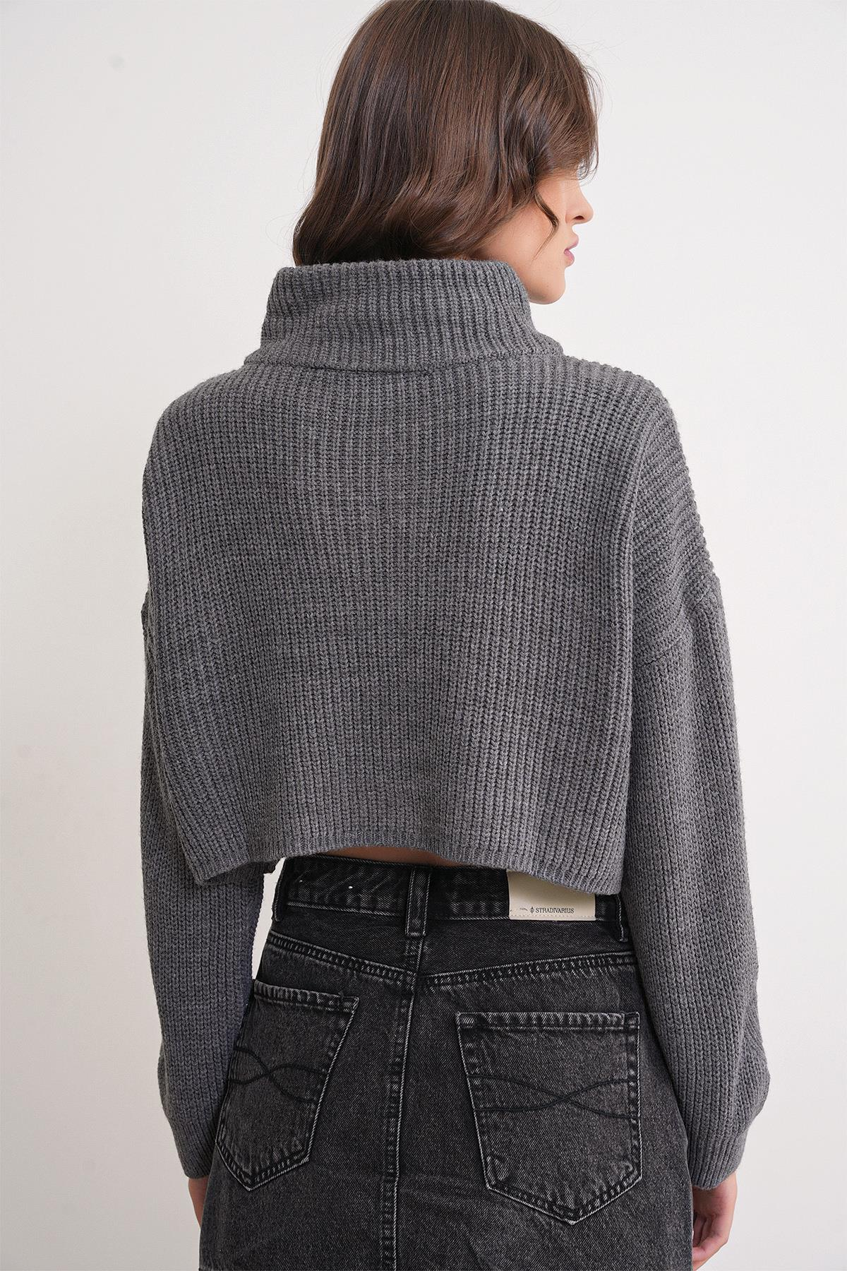 6752 Kadın Crop Fermuarlı Kazak Antrasit