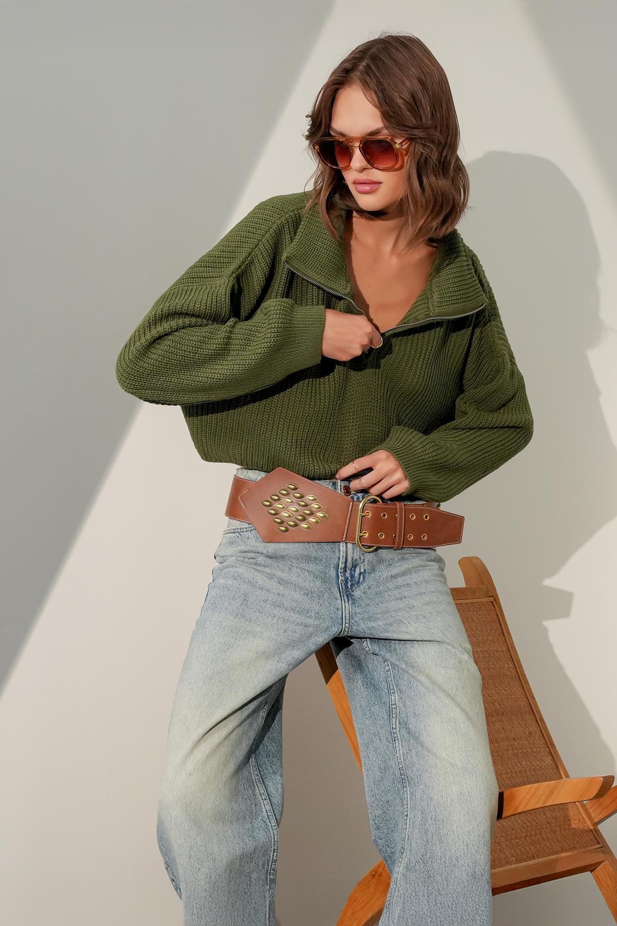 6752 Kadın Crop Fermuarlı Kazak Haki