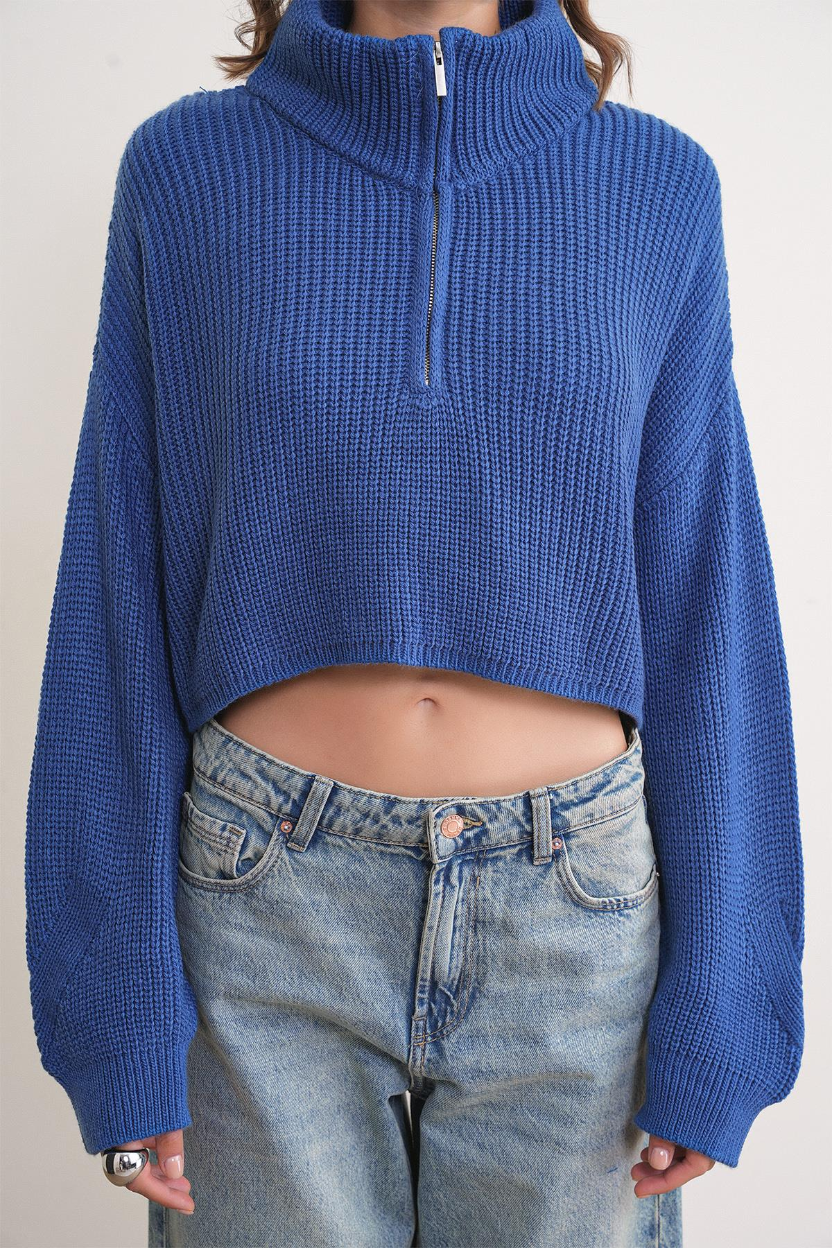 6752 Kadın Crop Fermuarlı Kazak İndigo