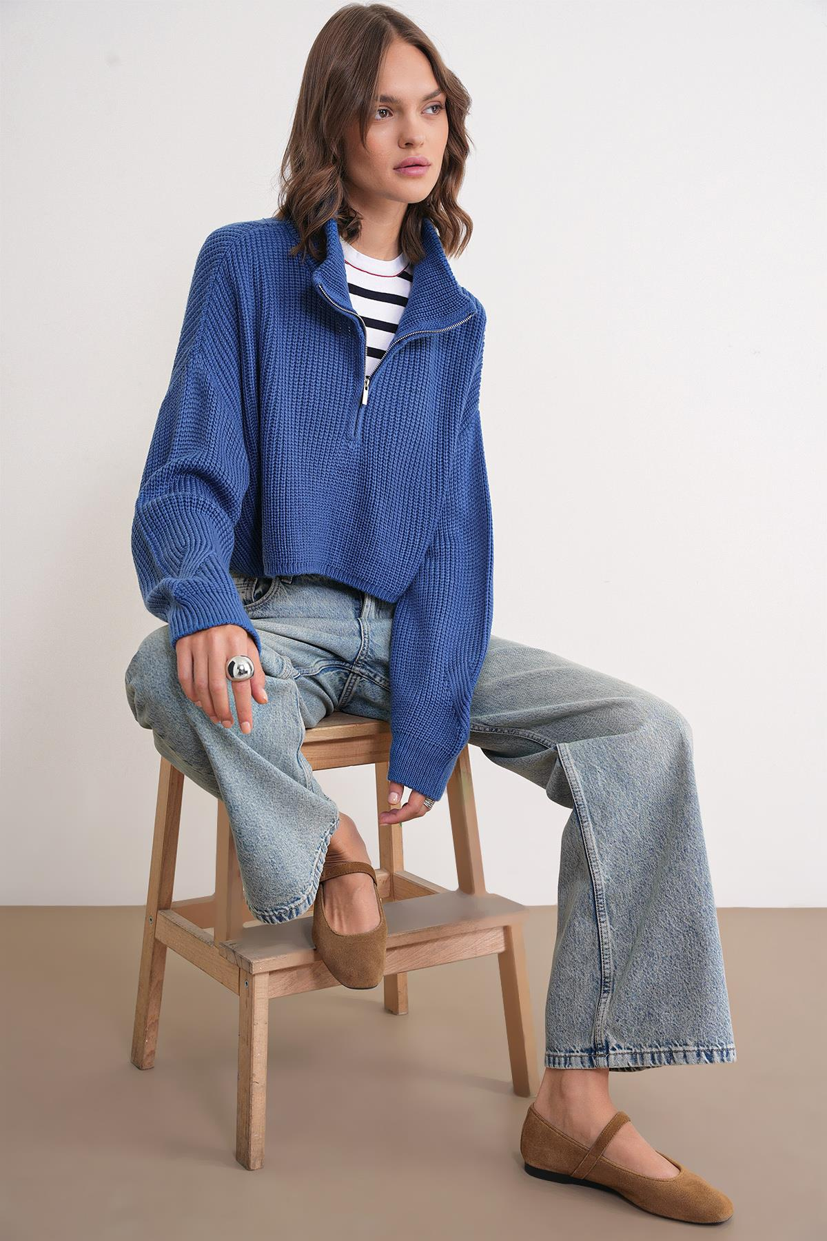 6752 Kadın Crop Fermuarlı Kazak İndigo