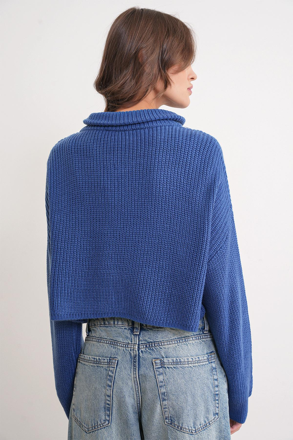 6752 Kadın Crop Fermuarlı Kazak İndigo