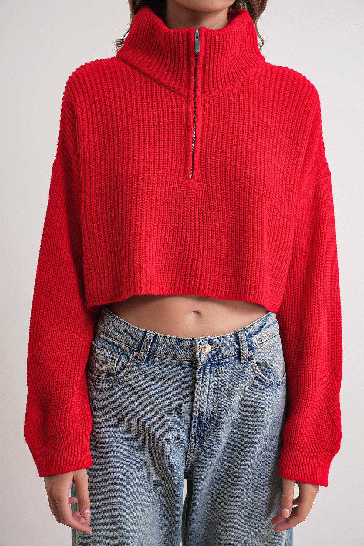 6752 Kadın Crop Fermuarlı Kazak Kırmızı