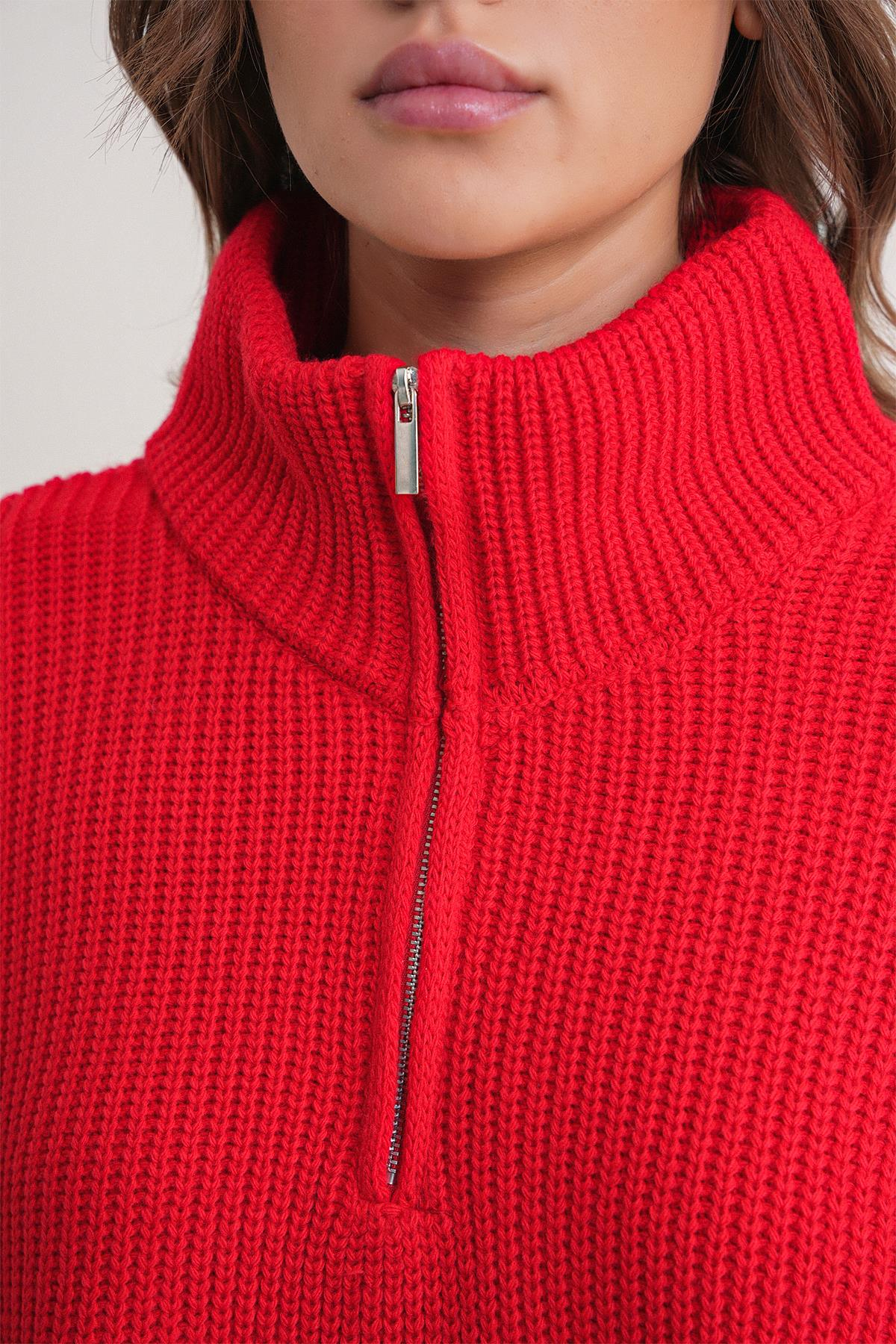 6752 Kadın Crop Fermuarlı Kazak Kırmızı