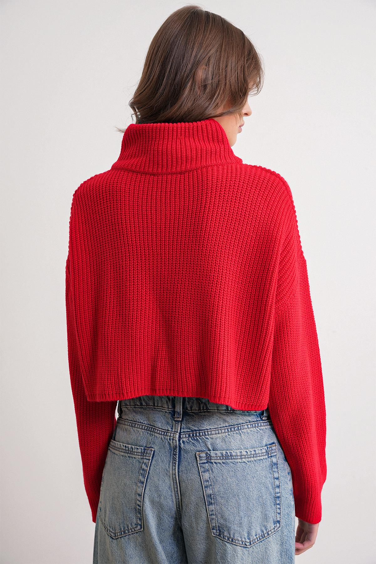 6752 Kadın Crop Fermuarlı Kazak Kırmızı