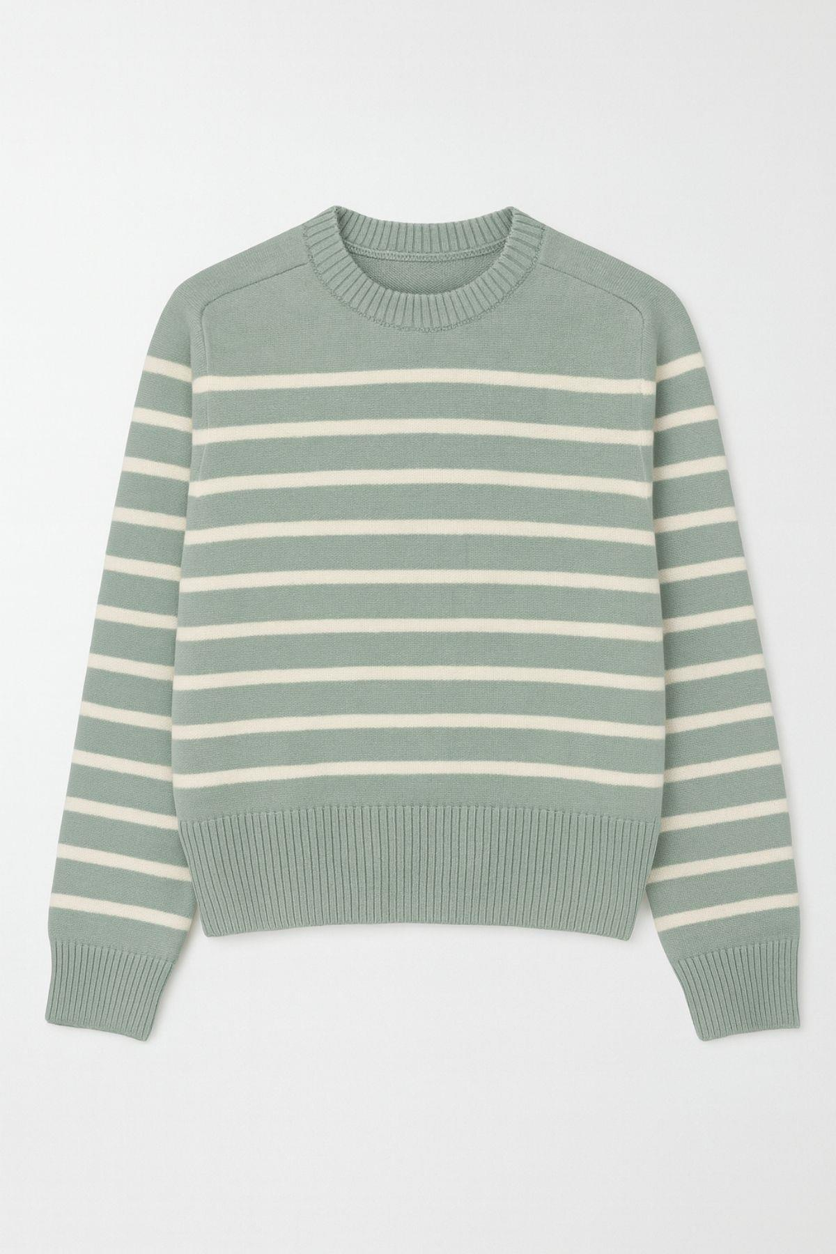 6762 Kadın Yumoş Dokulu Çizgili Triko Kazak Çağla