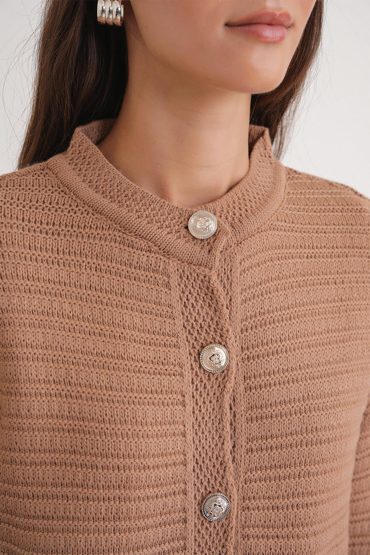 6778 Kadın Links Desenli Crop Triko Hırka Camel