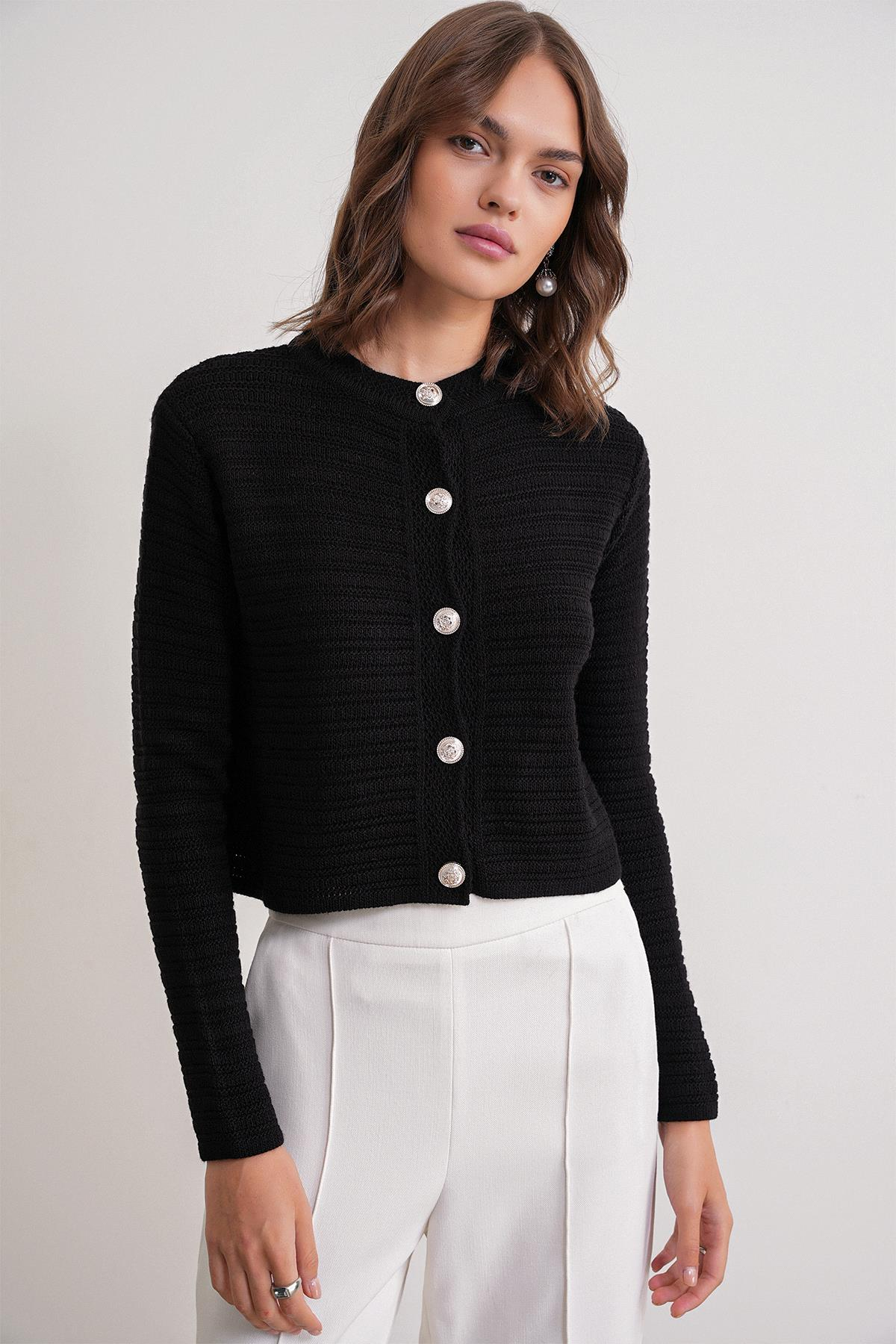 6778 Kadın Links Desenli Crop Triko Hırka Siyah