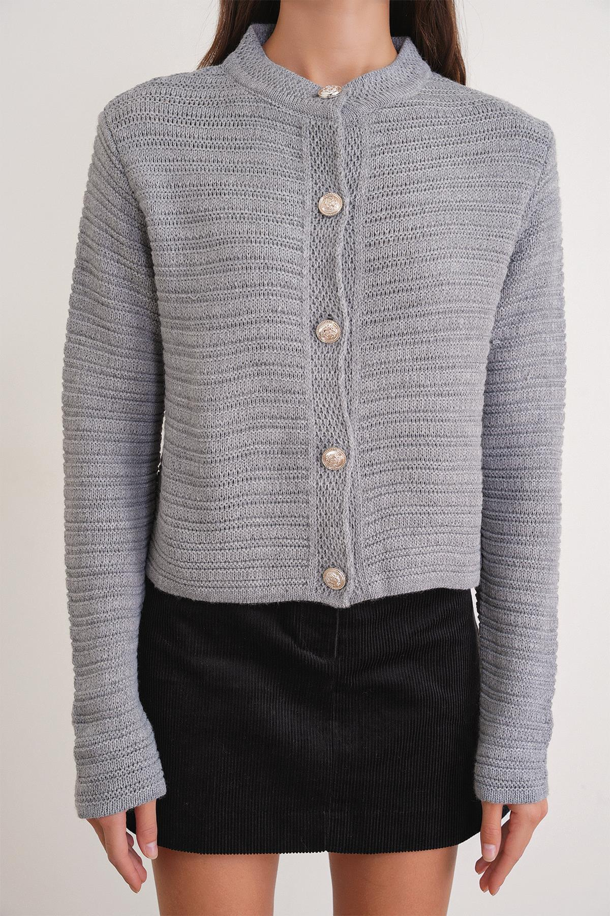 6778 Kadın Links Desenli Crop Triko Hırka Gri