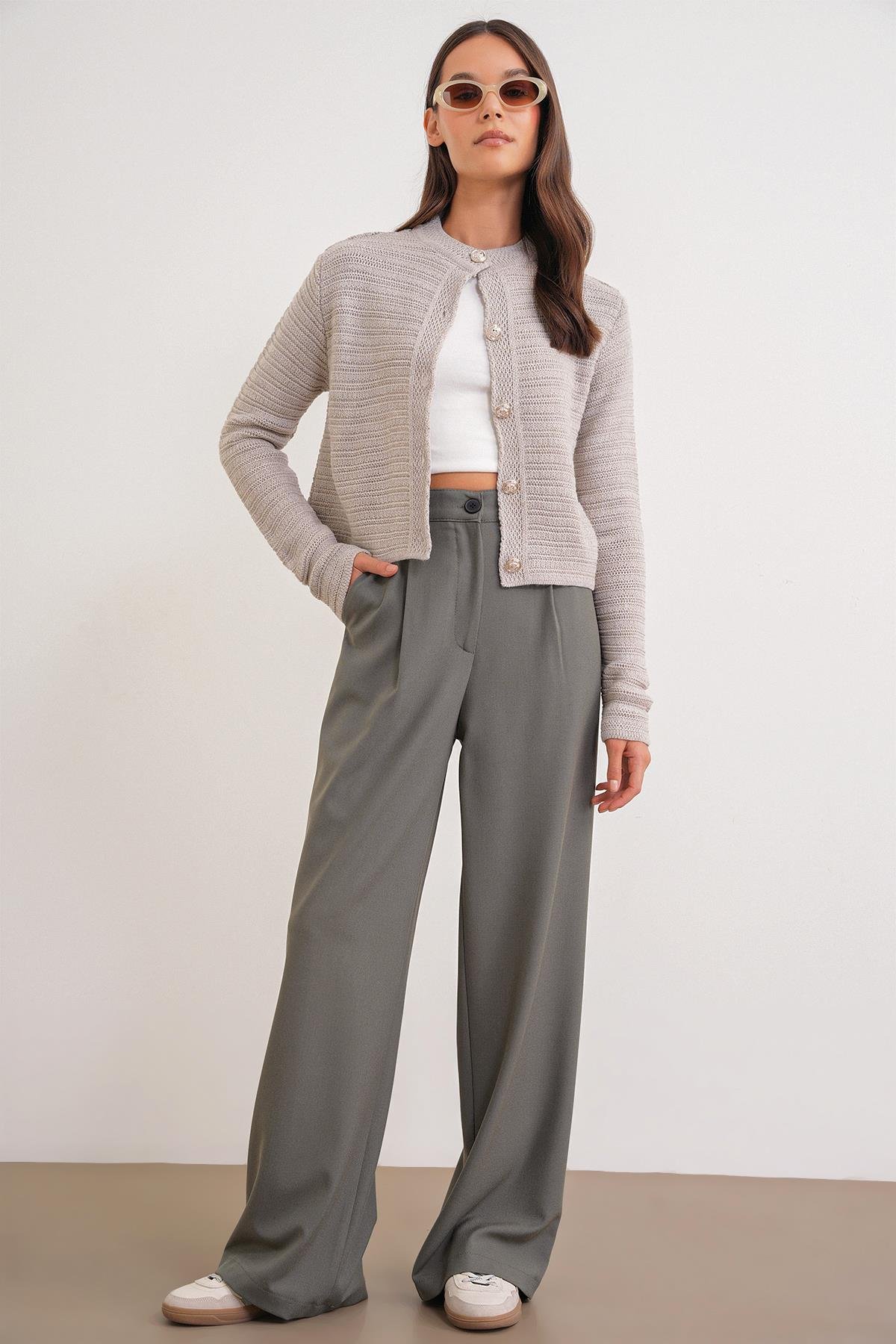 6778 Kadın Links Desenli Crop Triko Hırka Taş