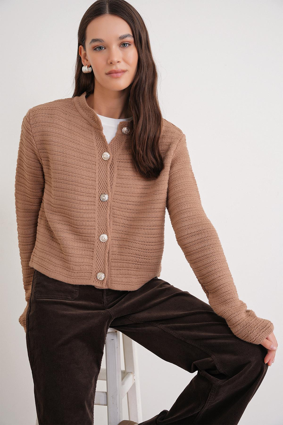 6778 Kadın Links Desenli Crop Triko Hırka Camel