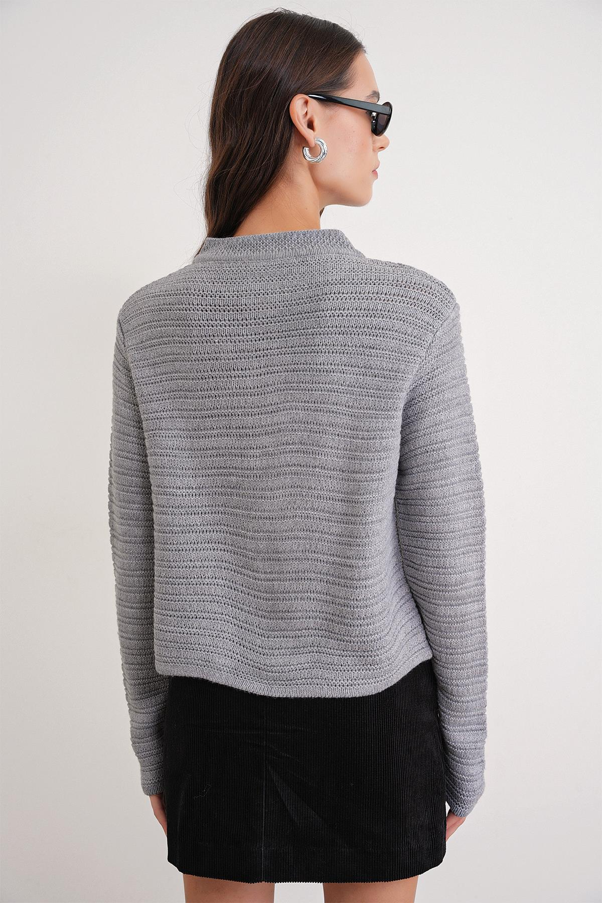 6778 Kadın Links Desenli Crop Triko Hırka Gri