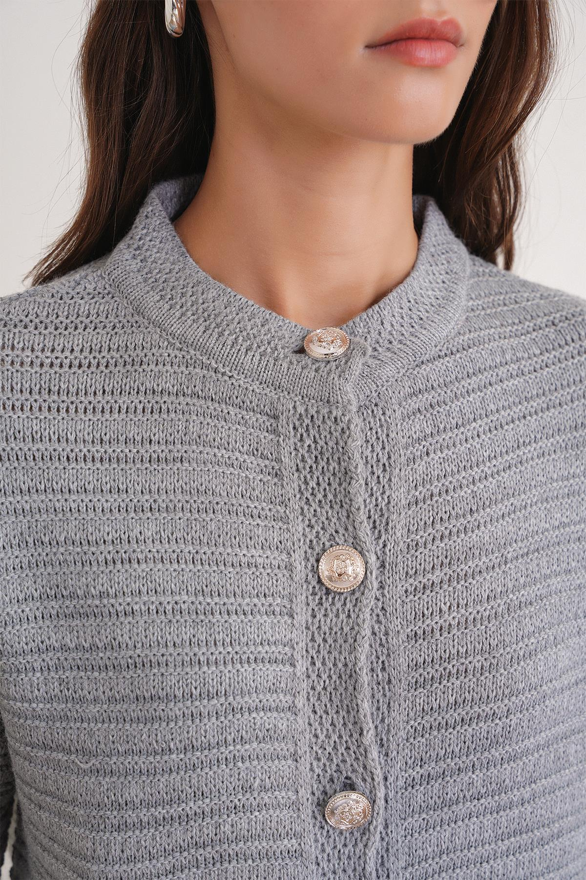 6778 Kadın Links Desenli Crop Triko Hırka Gri