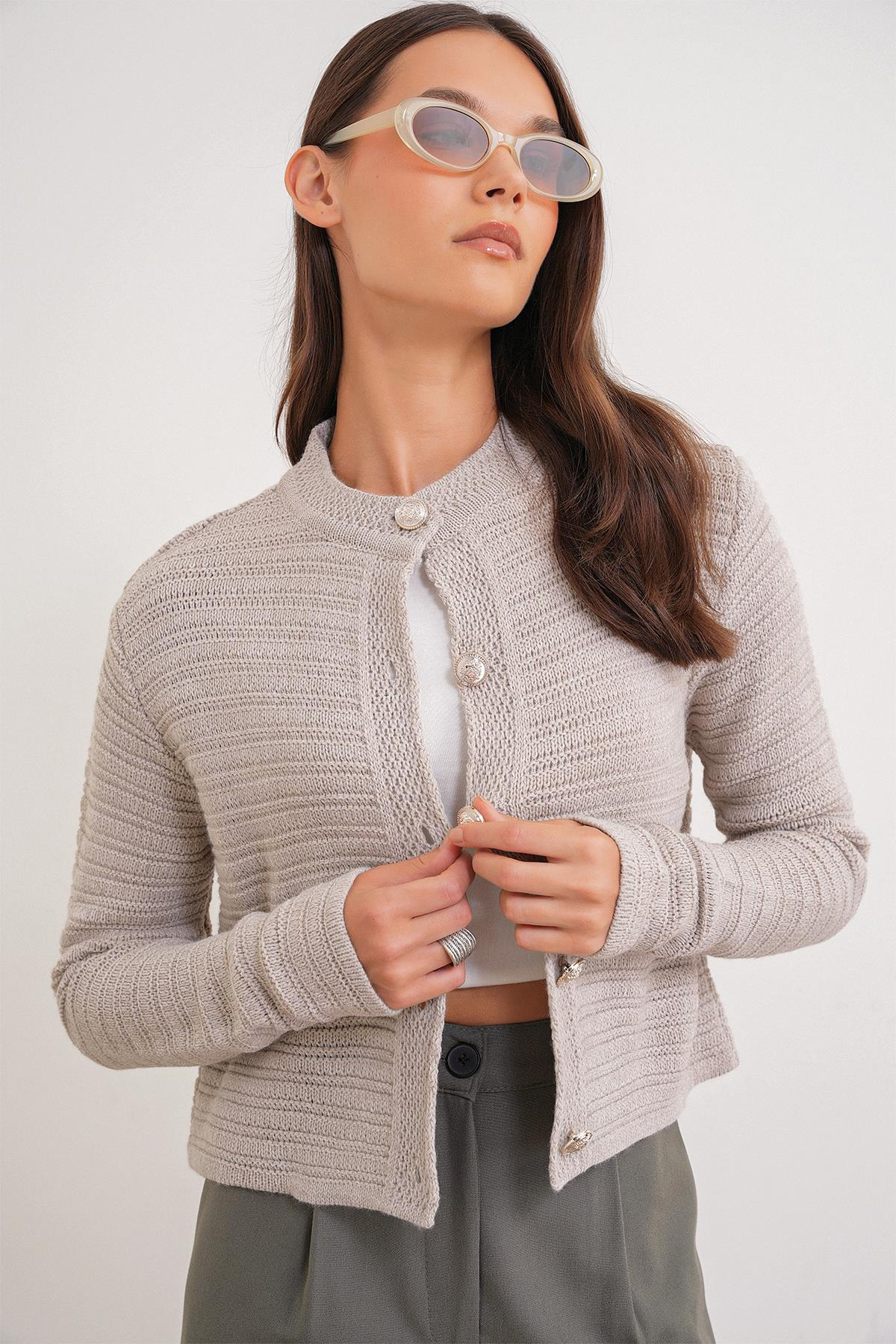 6778 Kadın Links Desenli Crop Triko Hırka Taş