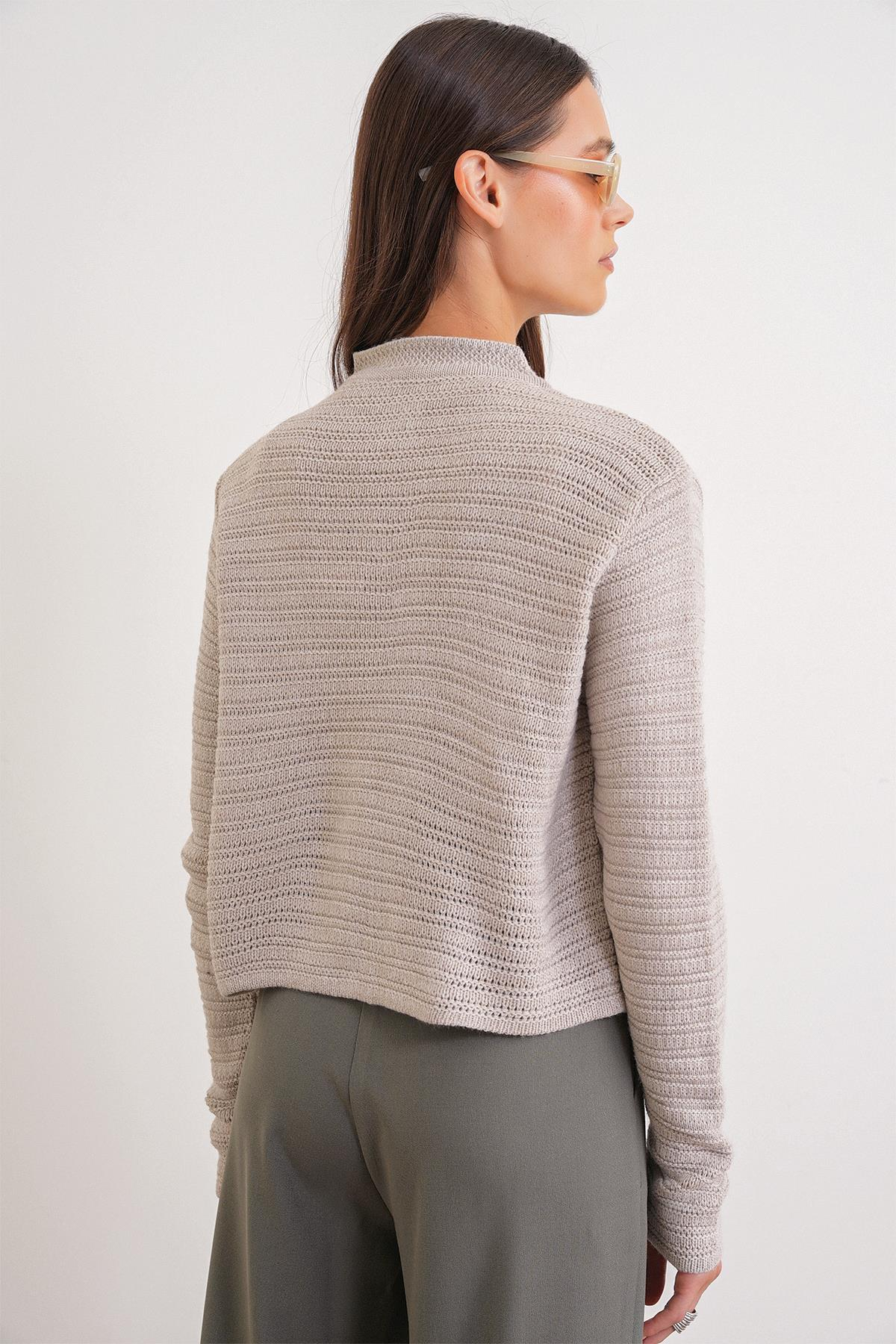 6778 Kadın Links Desenli Crop Triko Hırka Taş