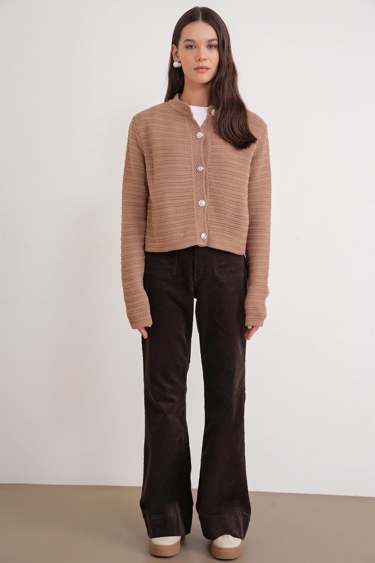 6778 Kadın Links Desenli Crop Triko Hırka Camel