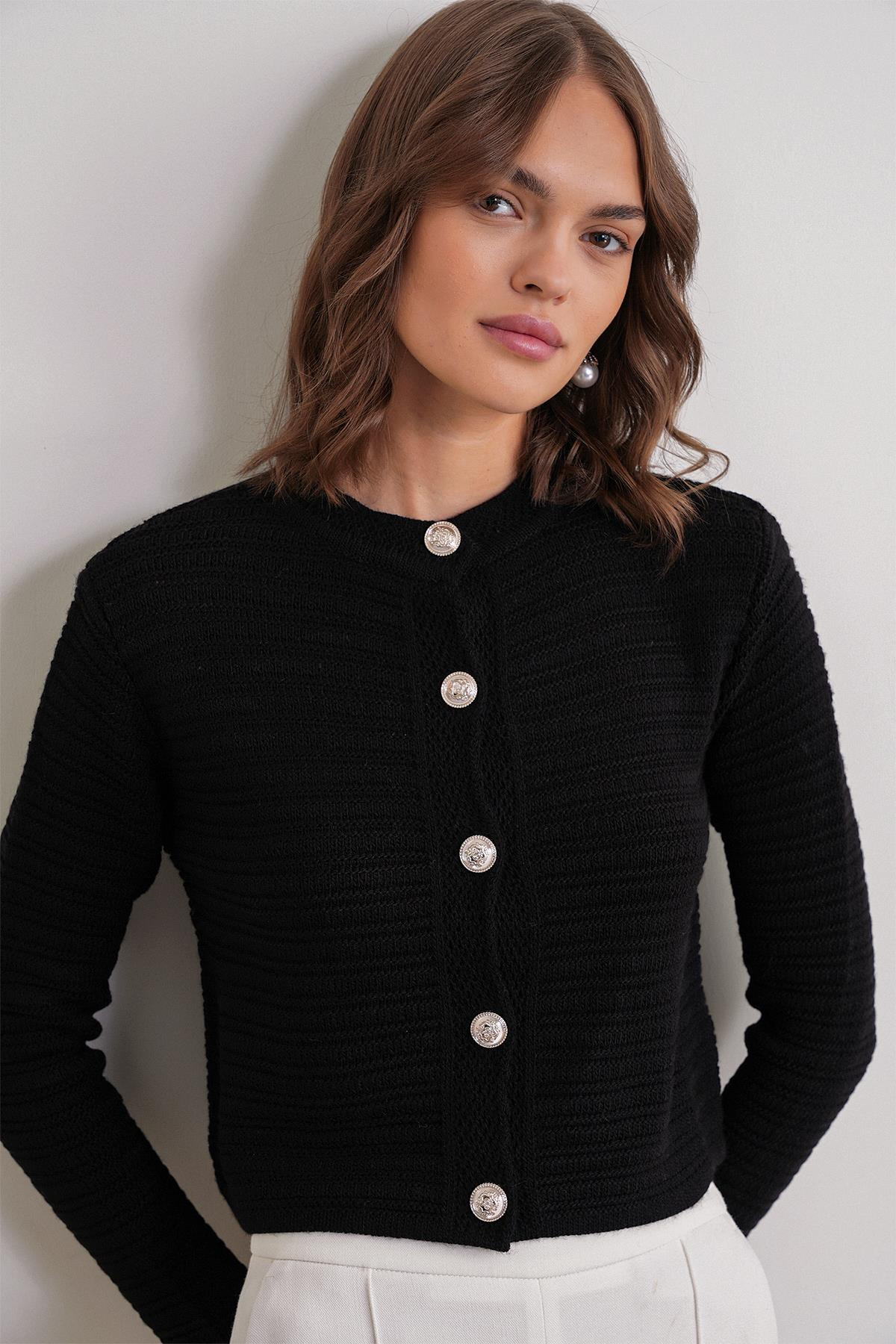 6778 Kadın Links Desenli Crop Triko Hırka Siyah