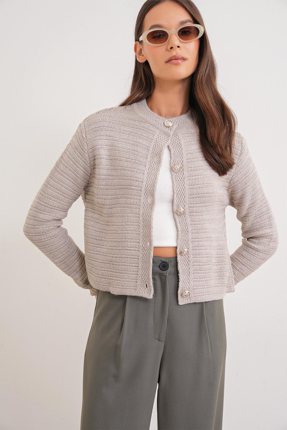 6778 Kadın Links Desenli Crop Triko Hırka Taş