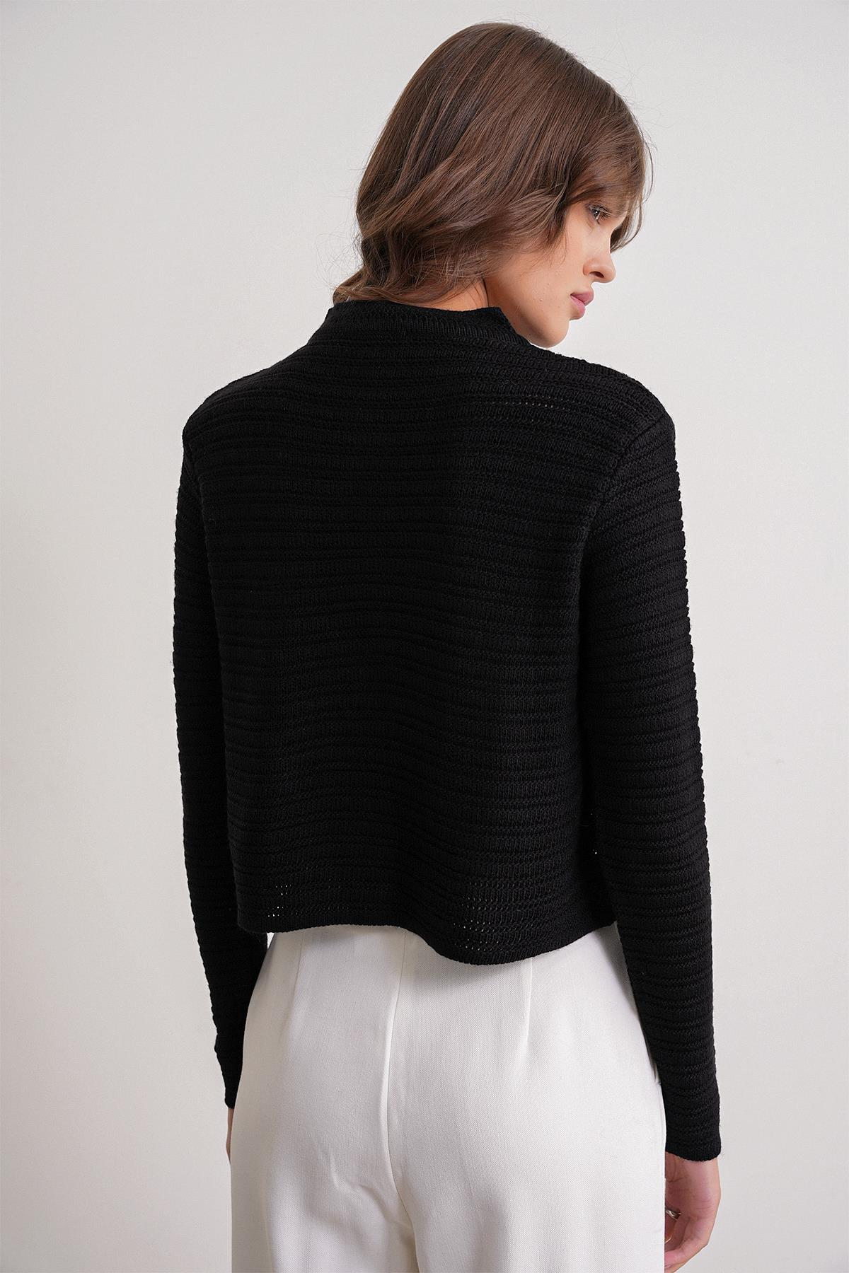 6778 Kadın Links Desenli Crop Triko Hırka Siyah