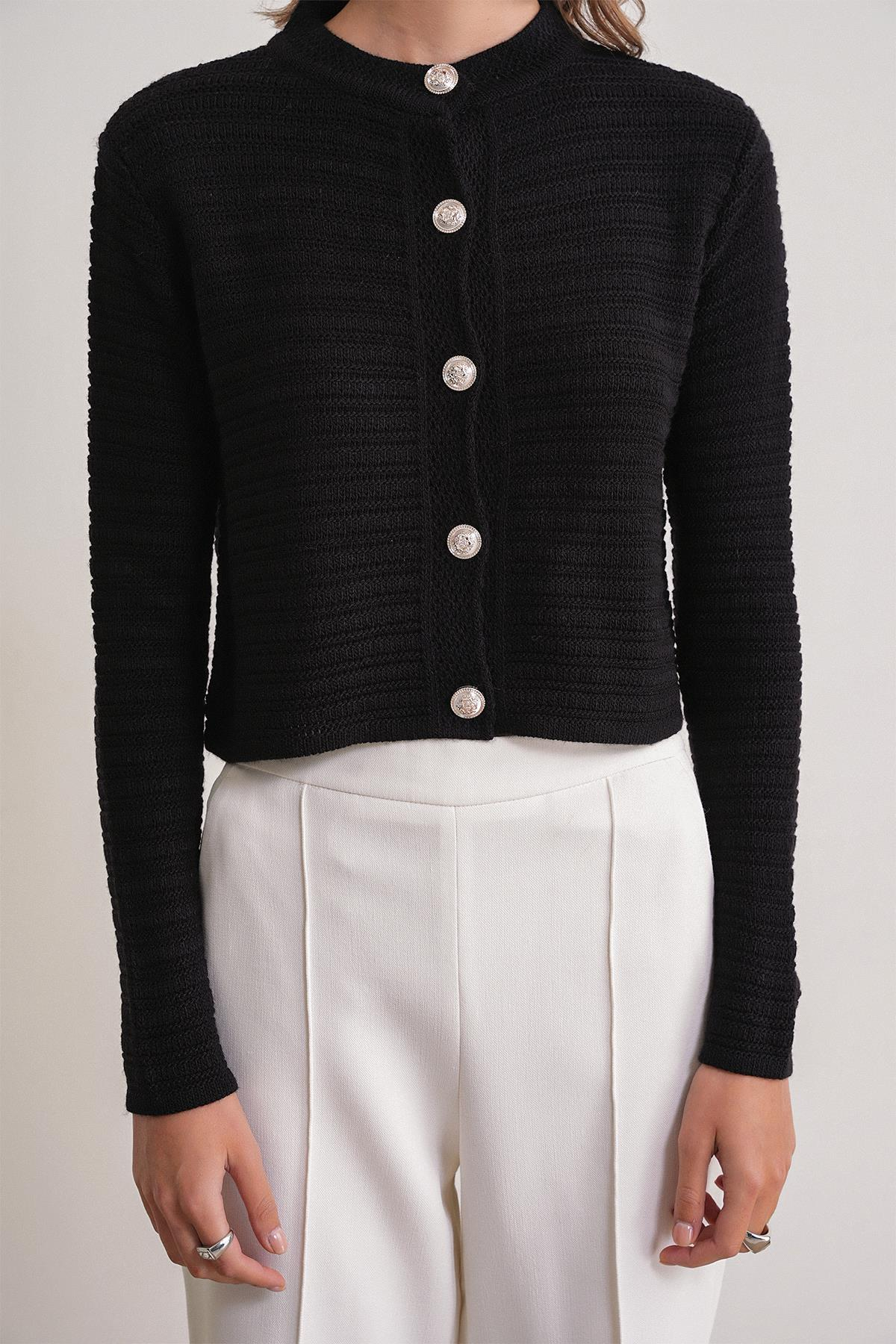 6778 Kadın Links Desenli Crop Triko Hırka Siyah