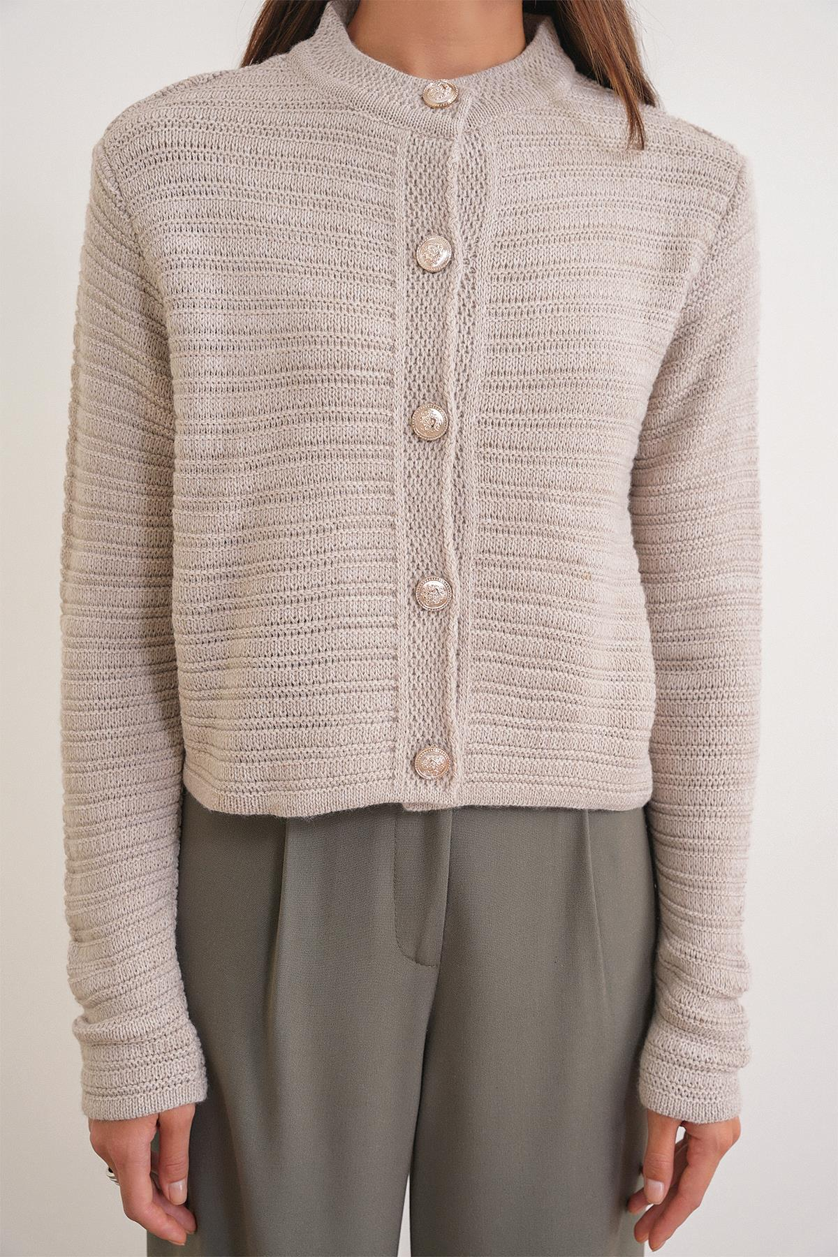 6778 Kadın Links Desenli Crop Triko Hırka Taş