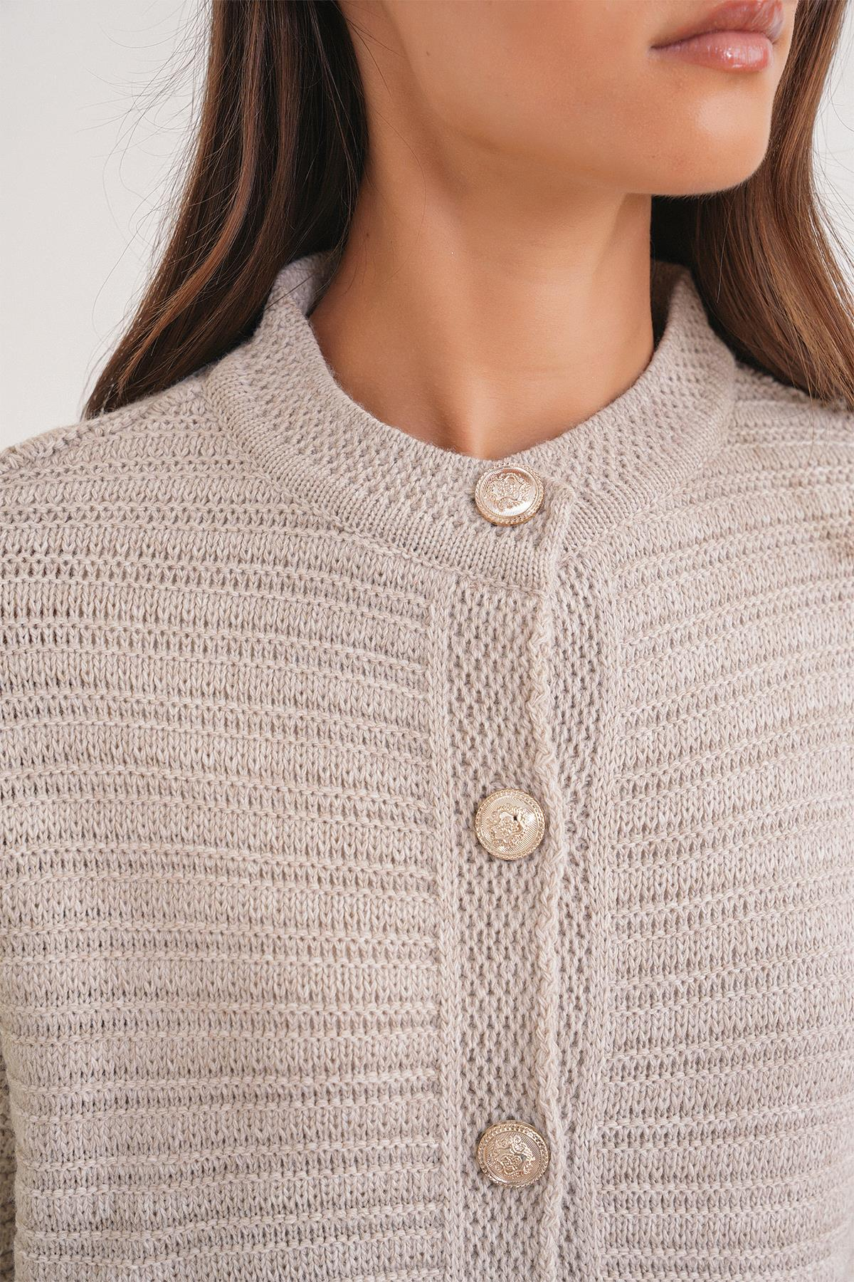 6778 Kadın Links Desenli Crop Triko Hırka Taş