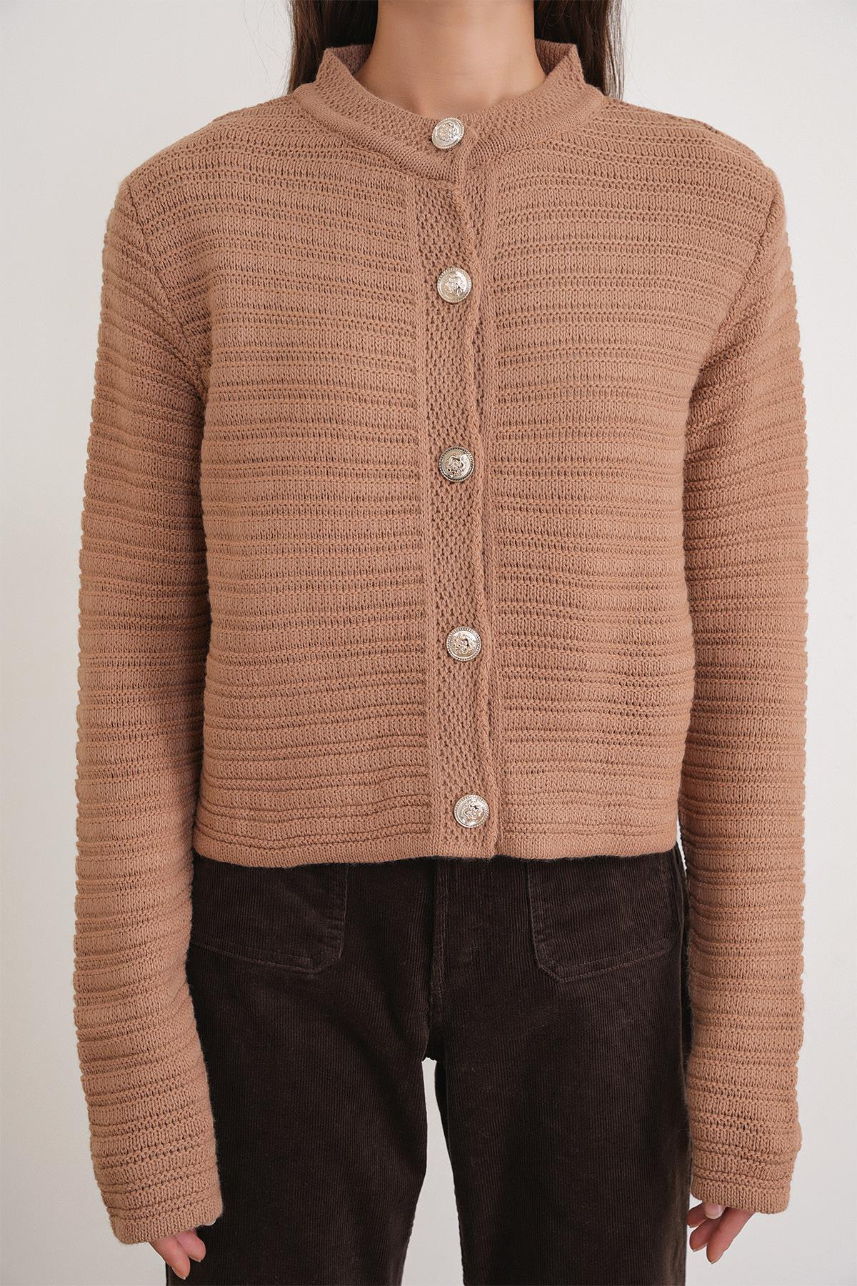 6778 Kadın Links Desenli Crop Triko Hırka Camel