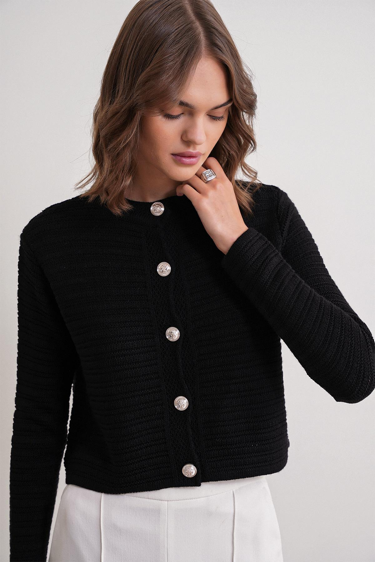 6778 Kadın Links Desenli Crop Triko Hırka Siyah