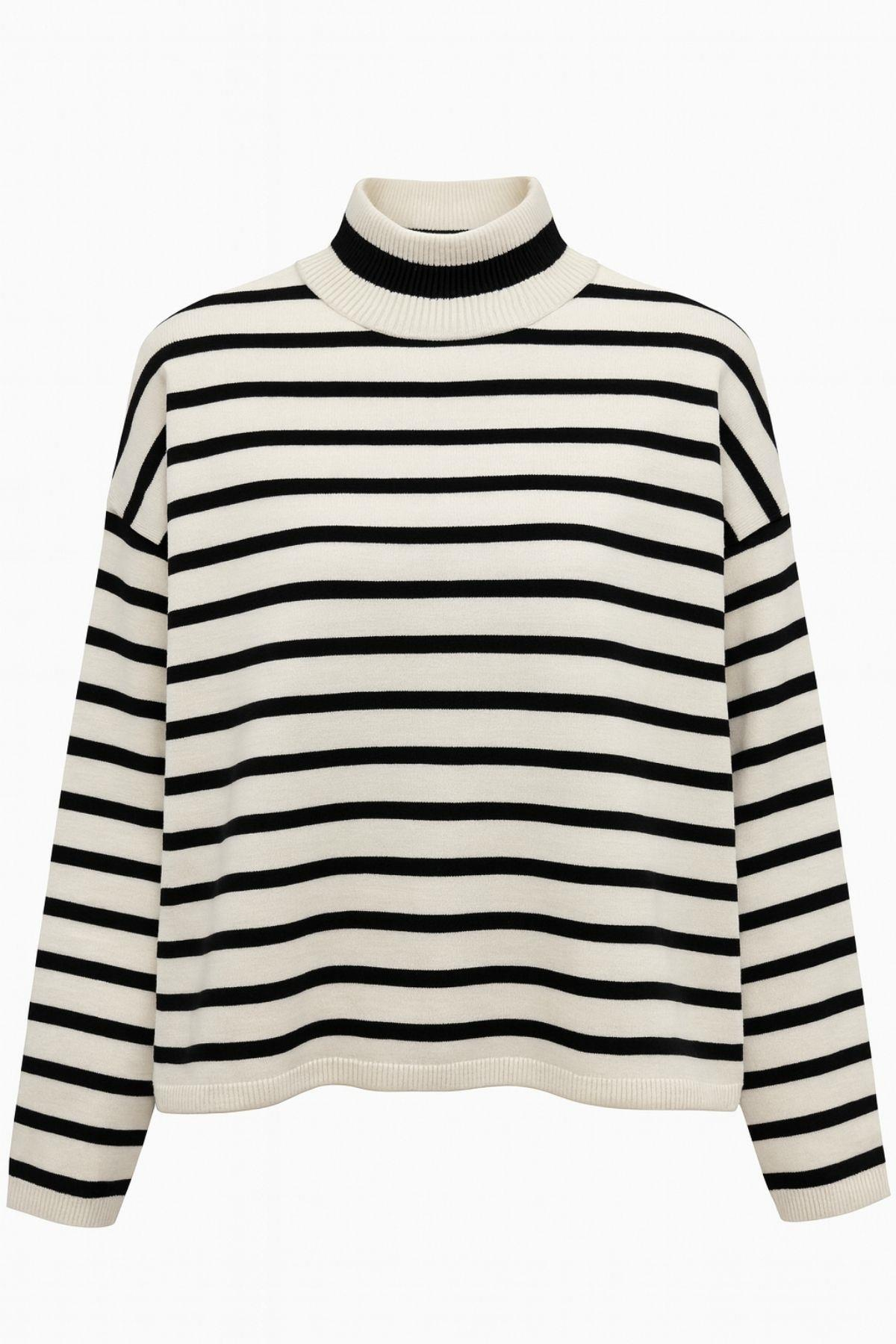 6802 Kadın Çizgili Balıkçı Yaka Triko Kazak Naturel