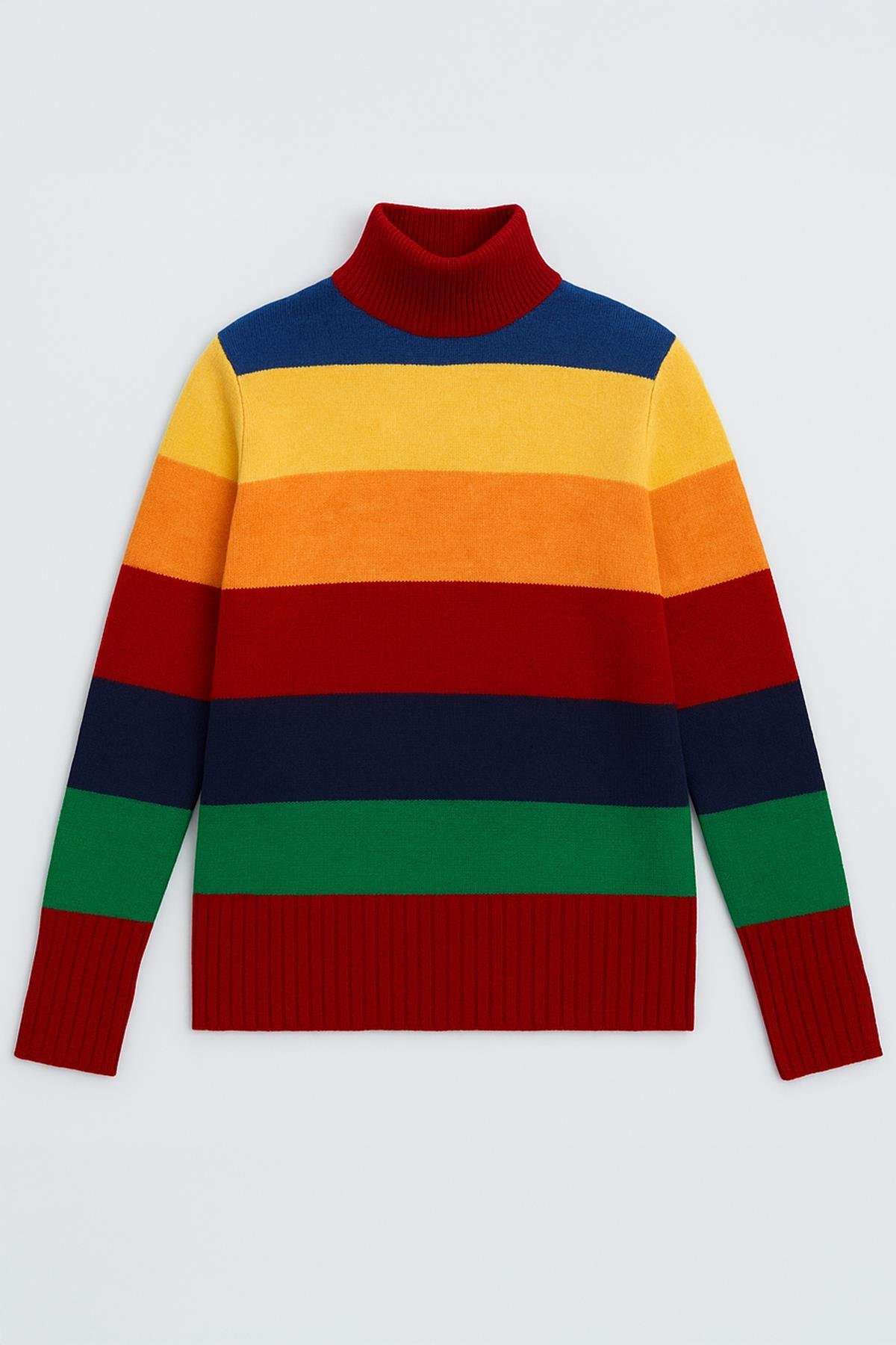 6815 Kadın Dik Yaka Gökkuşağı Triko Kazak Çok Renkli