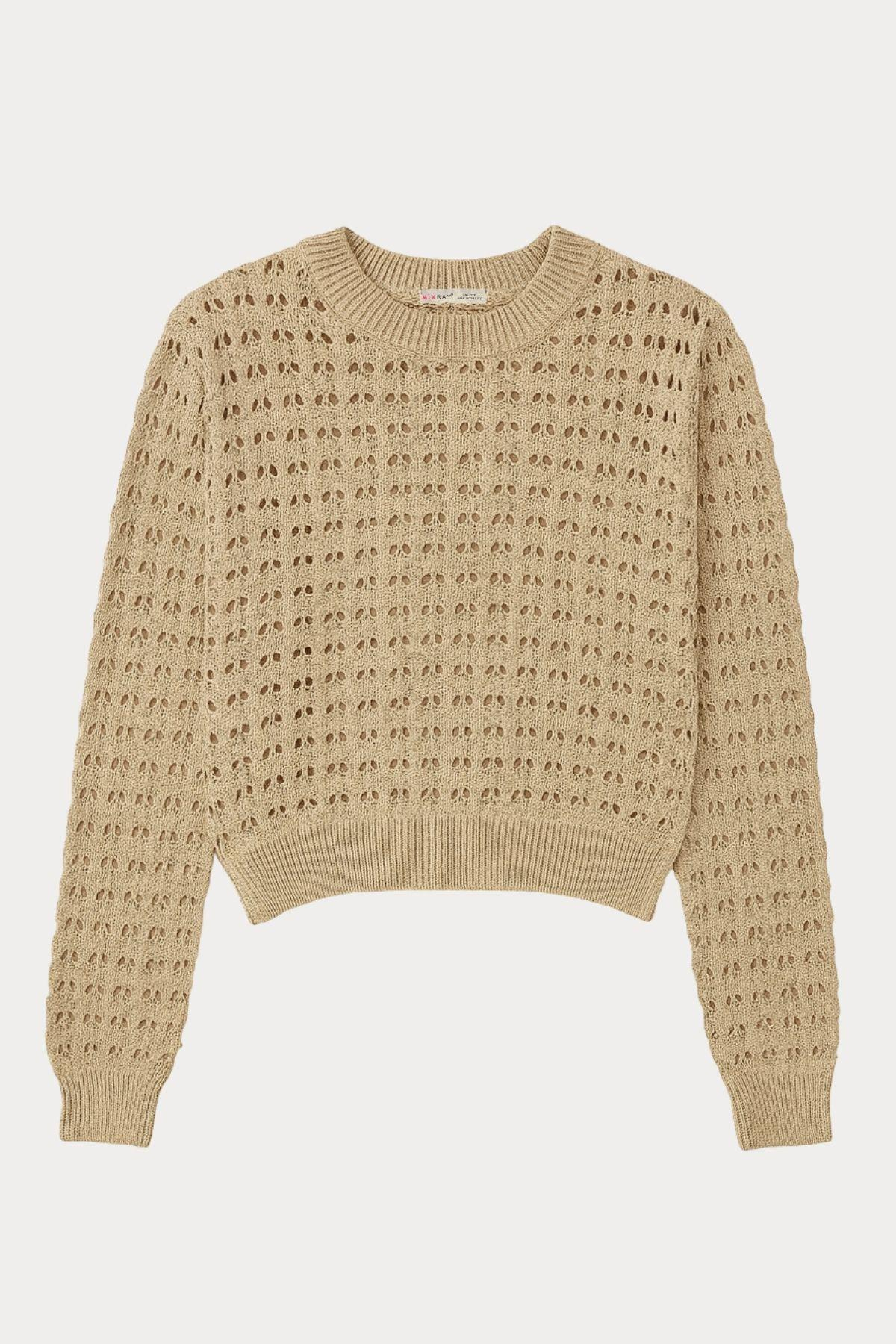 6832 Kadın Ajurlu Crop Triko Kazak Camel