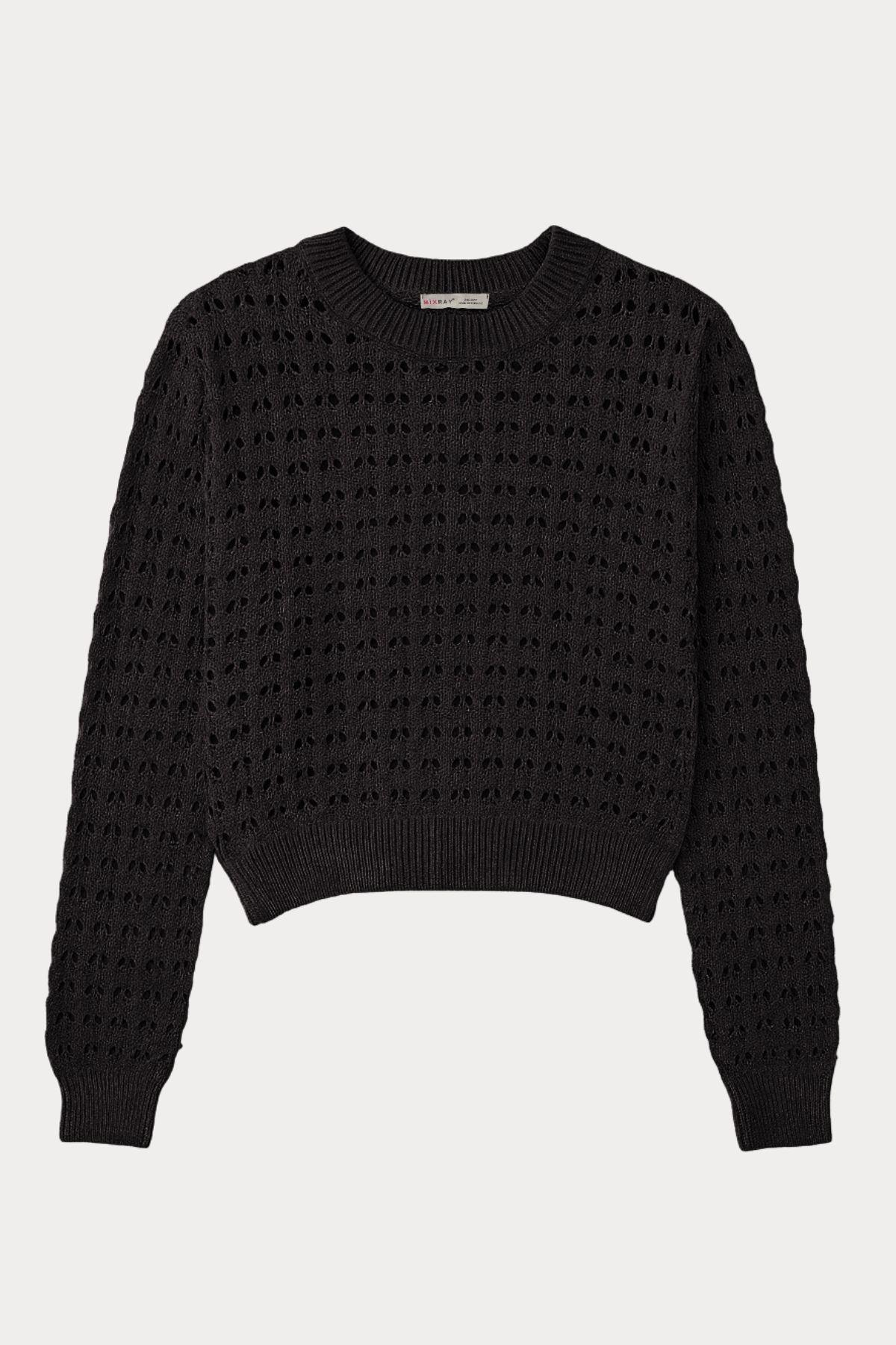 6832 Kadın Ajurlu Crop Triko Kazak Siyah