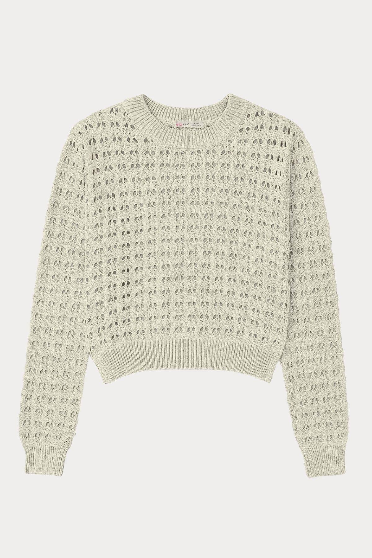 6832 Kadın Ajurlu Crop Triko Kazak Taş