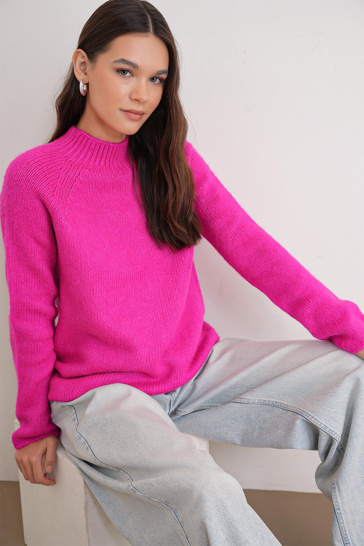 6849 Kadın Dikişsiz Dik Yaka Triko Kazak Fuşya